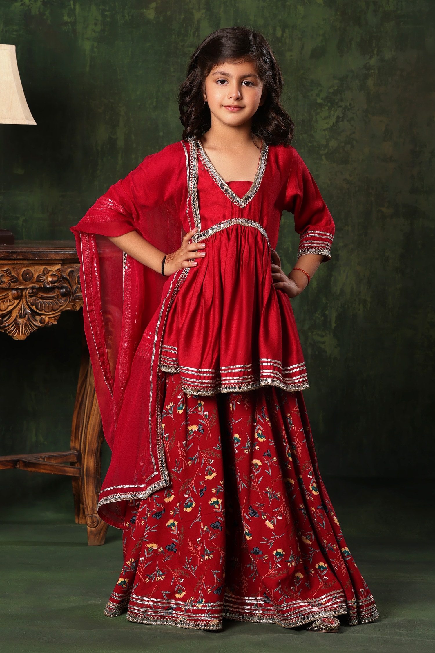 LittleCheer Red Mirror Embellished Peplum Kurta Palazzo Set For Girls