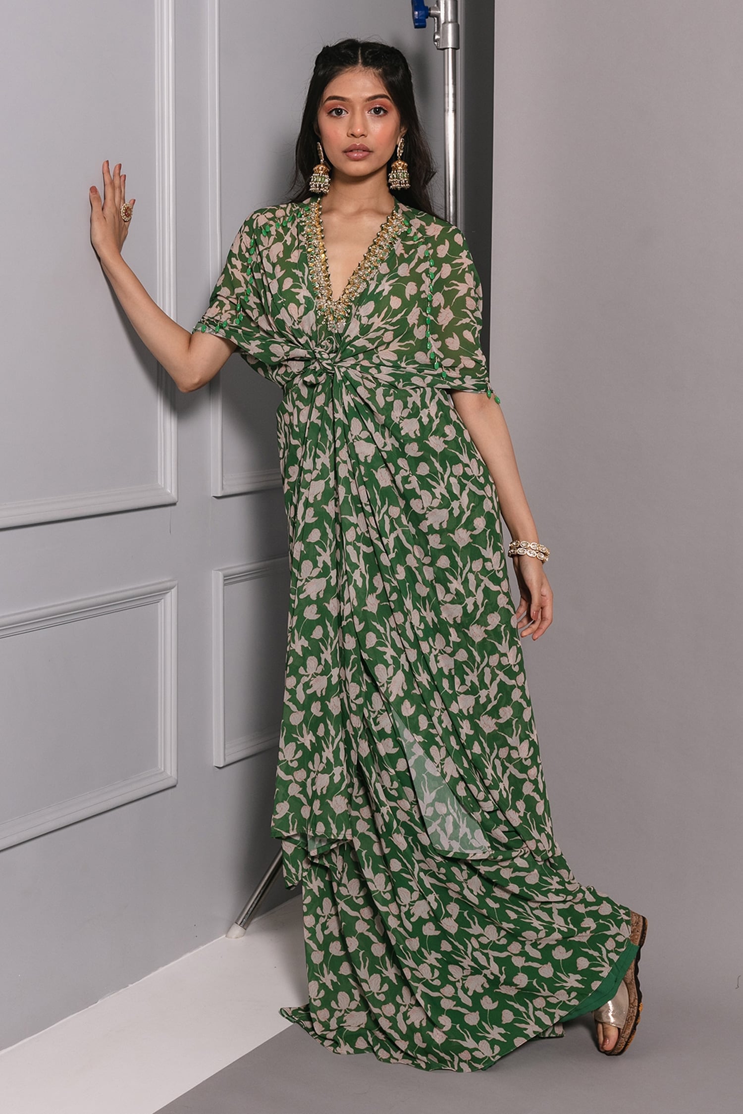 Ria Shah Label Green Poly Georgette Floral Print Knotted Kaftan And Sharara Set