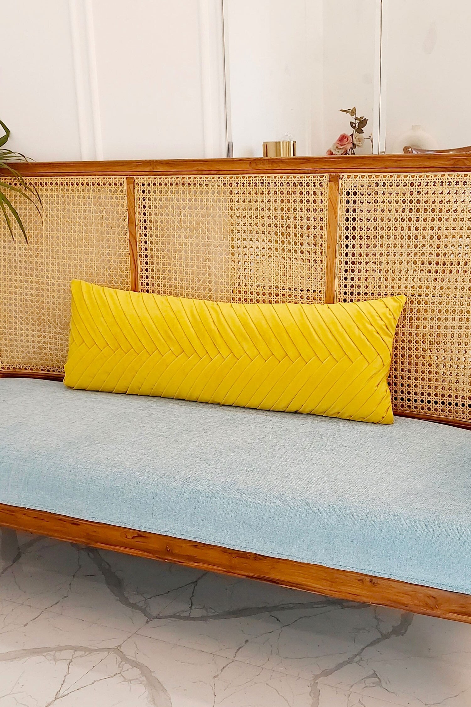 Throwpillow - Yellow Blend Of Cotton And Polyester Pleated Long Cushion  Cover