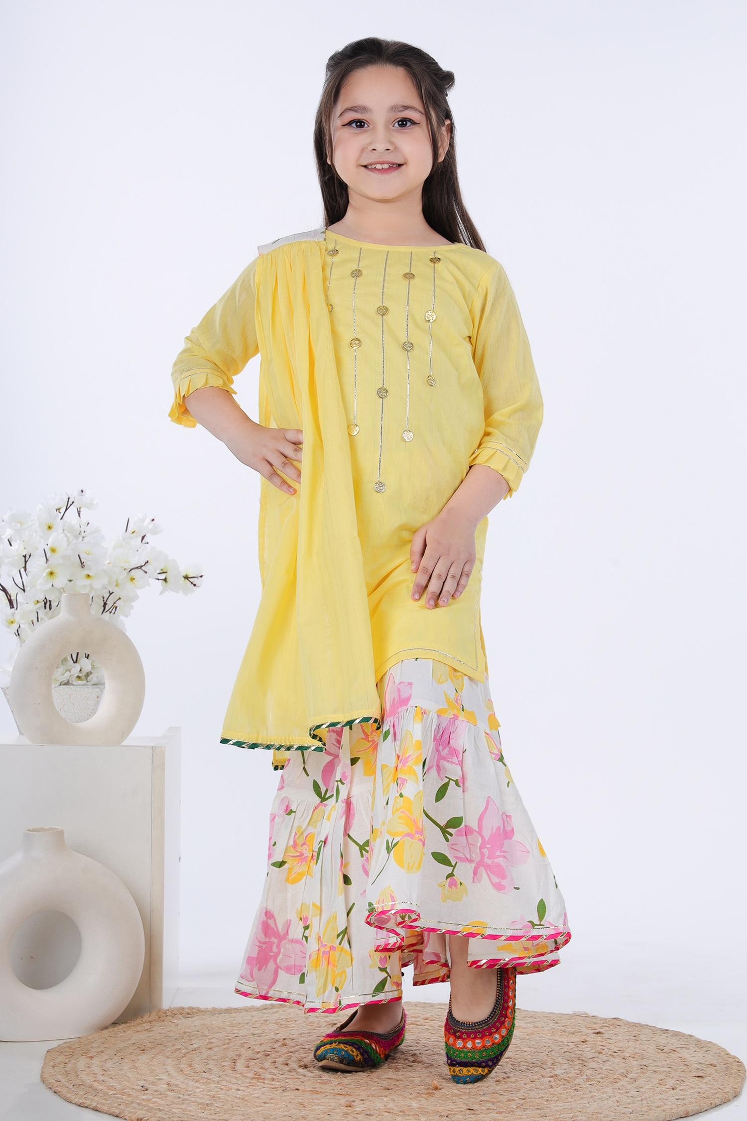 Buy Yellow Cotton Lurex Embroidery Gota Nazm Kurta Sharara Set For ...