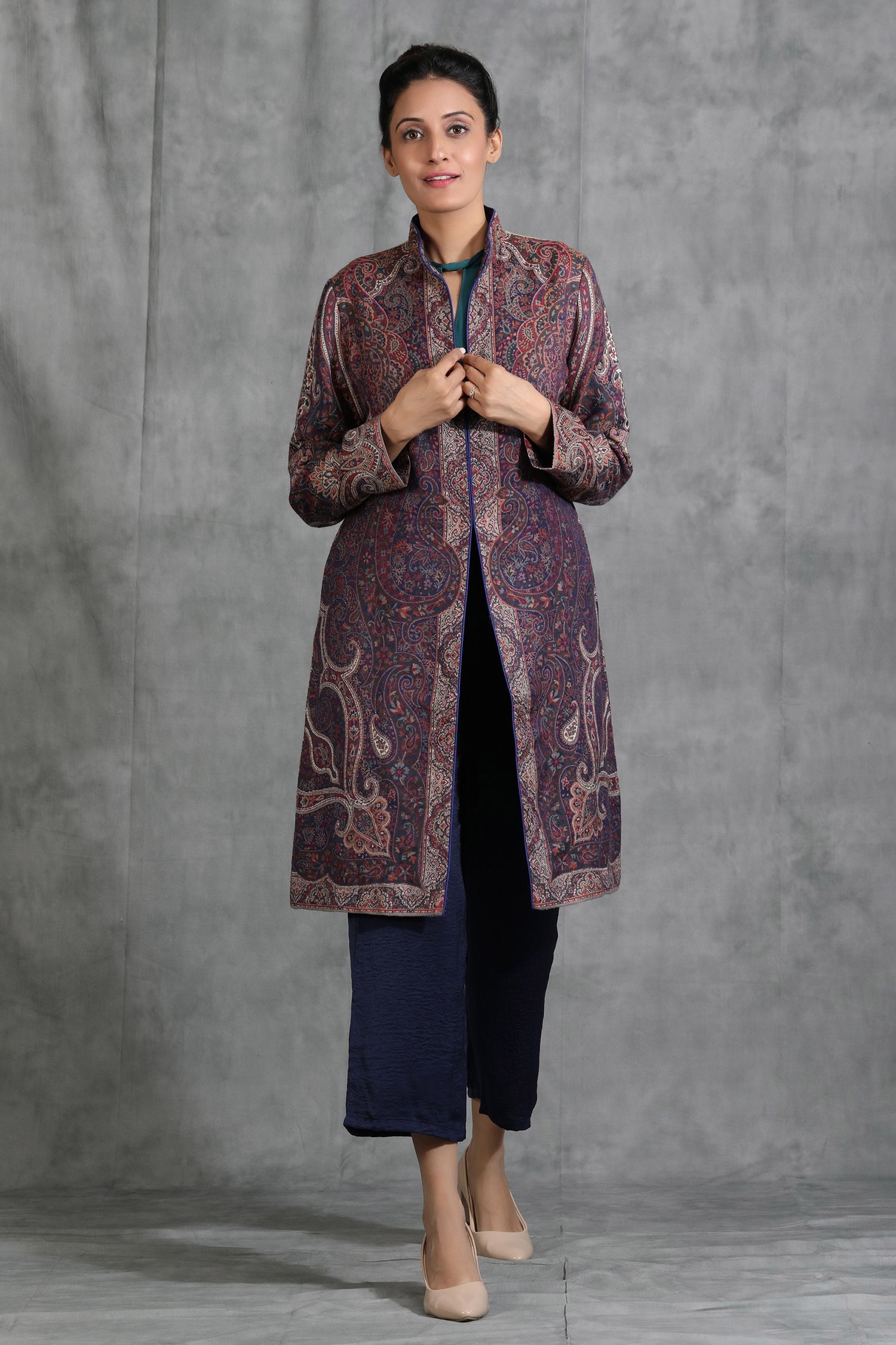 Buy Blue Pashmina Hand Woven Thread Collar Paisley Long Jacket For ...
