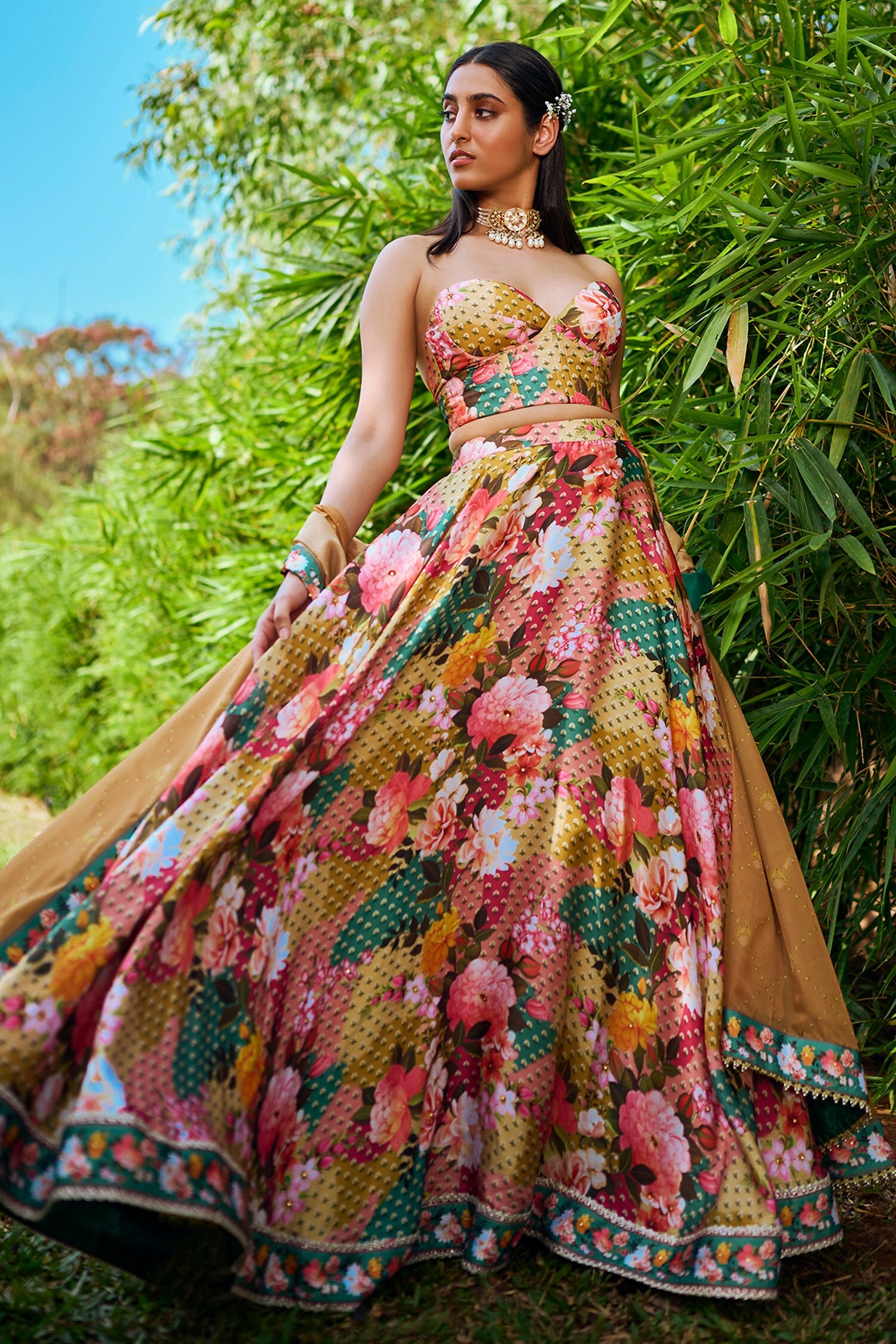 Buy Lashkaraa Multi Color Satin Georgette Vintage Floral Print Lehenga ...