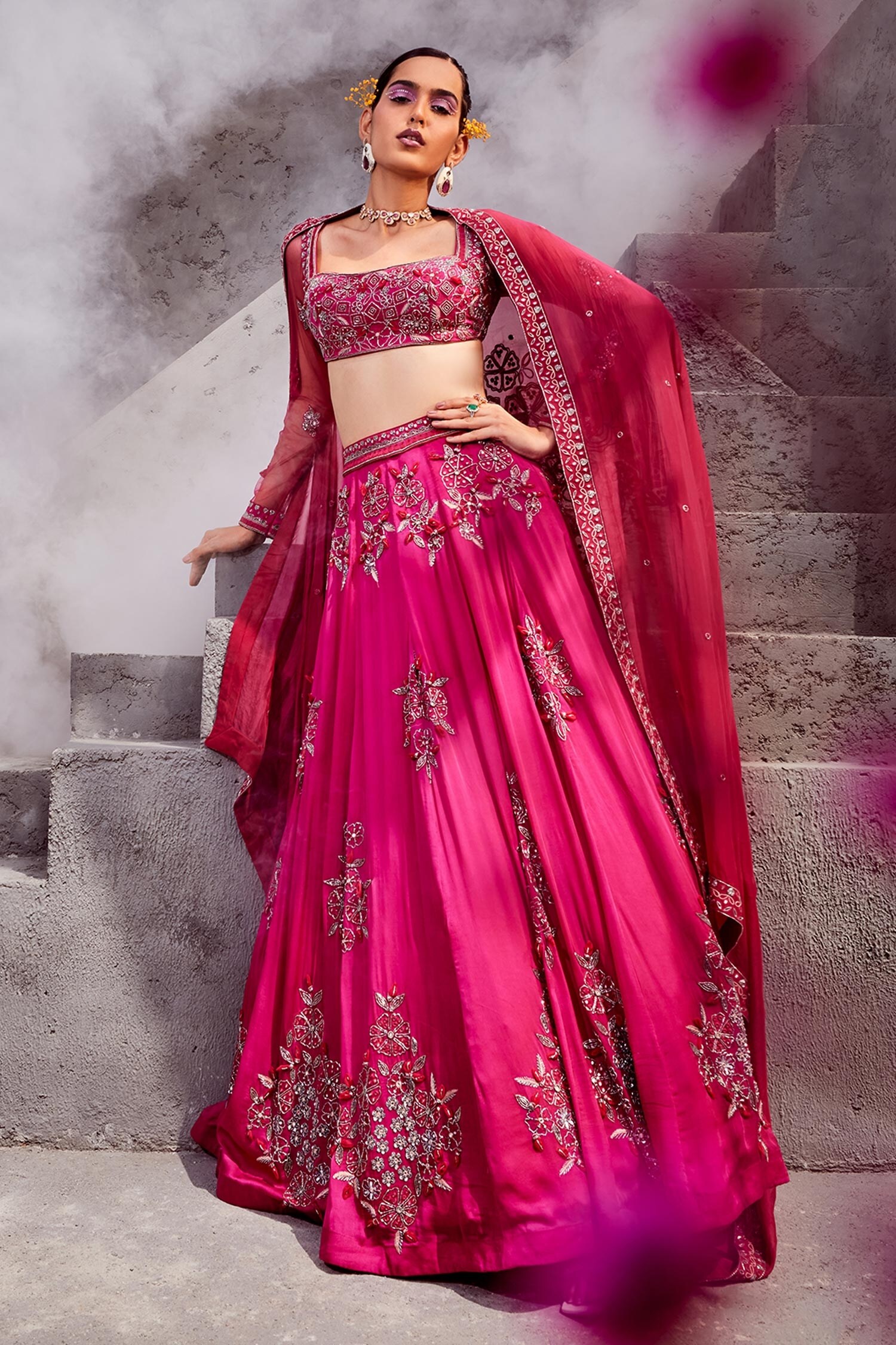 Buy Magenta Satin And Flat Zubaida Floral Lehenga Set For Women by