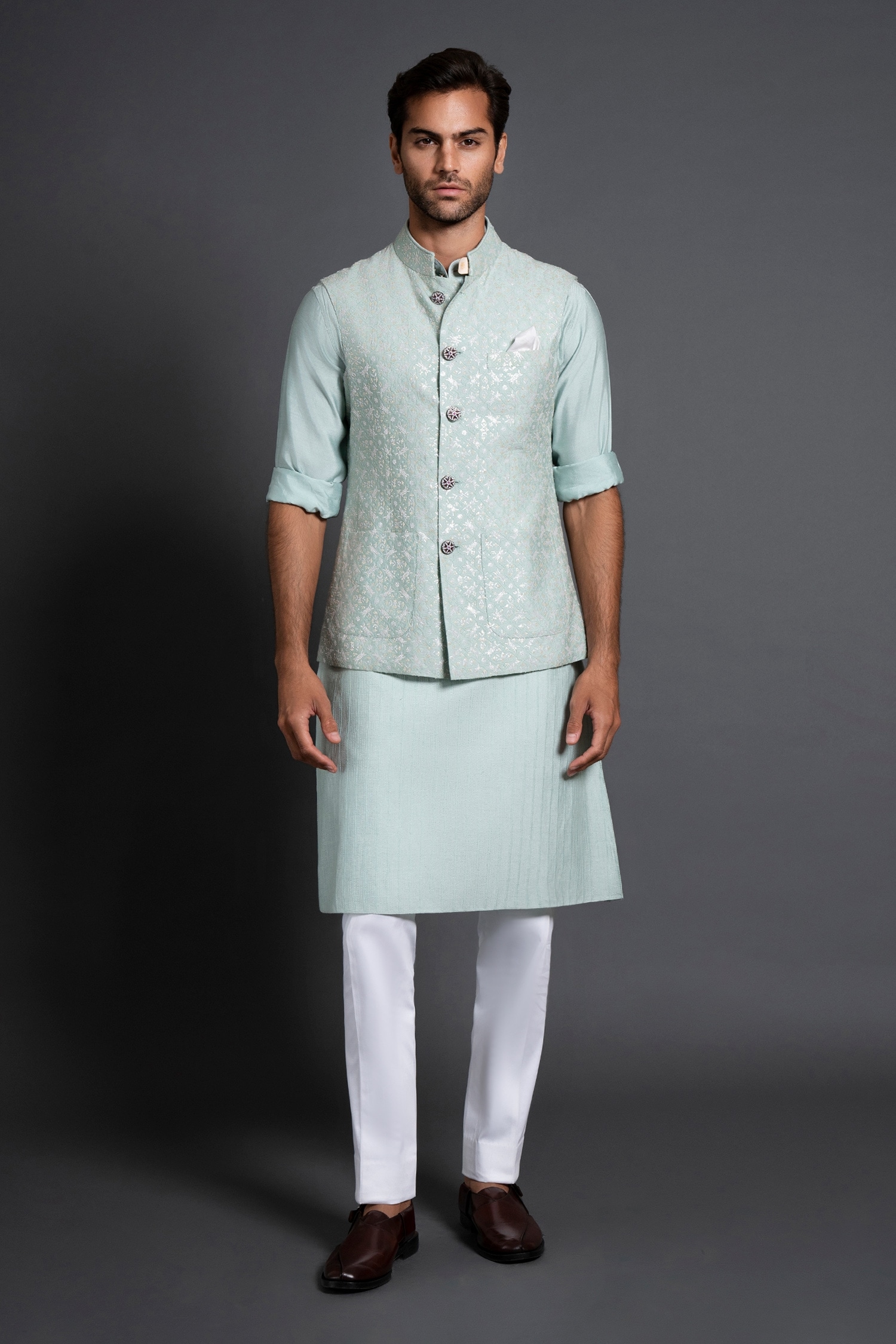 Raghavendra Rathore Jodhpur Green Silk Embroidered Sequin Waistcoat For Men