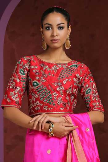 Zinnia red satin silk blouse hand embroidered main image 1