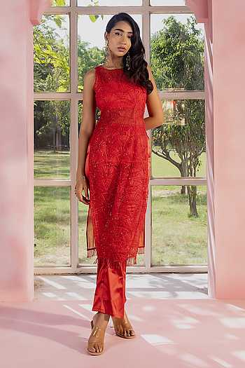 Red Ethnic Motif Printed Liva Rayon Kurta Pant And Dupatta Set With Coins & Sequins