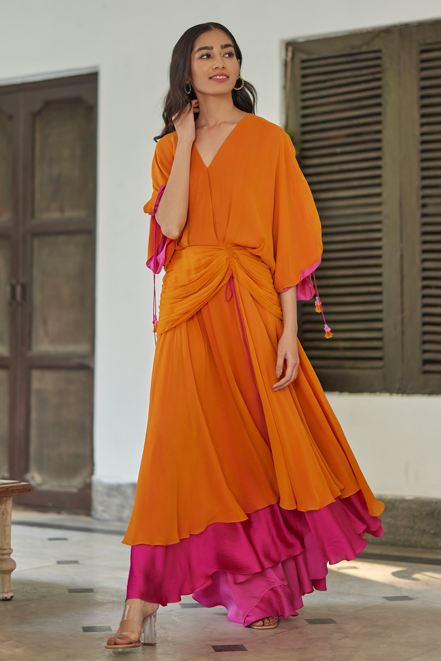 Buy Orange Georgette Solid V Neck Gathered Maxi Dress For