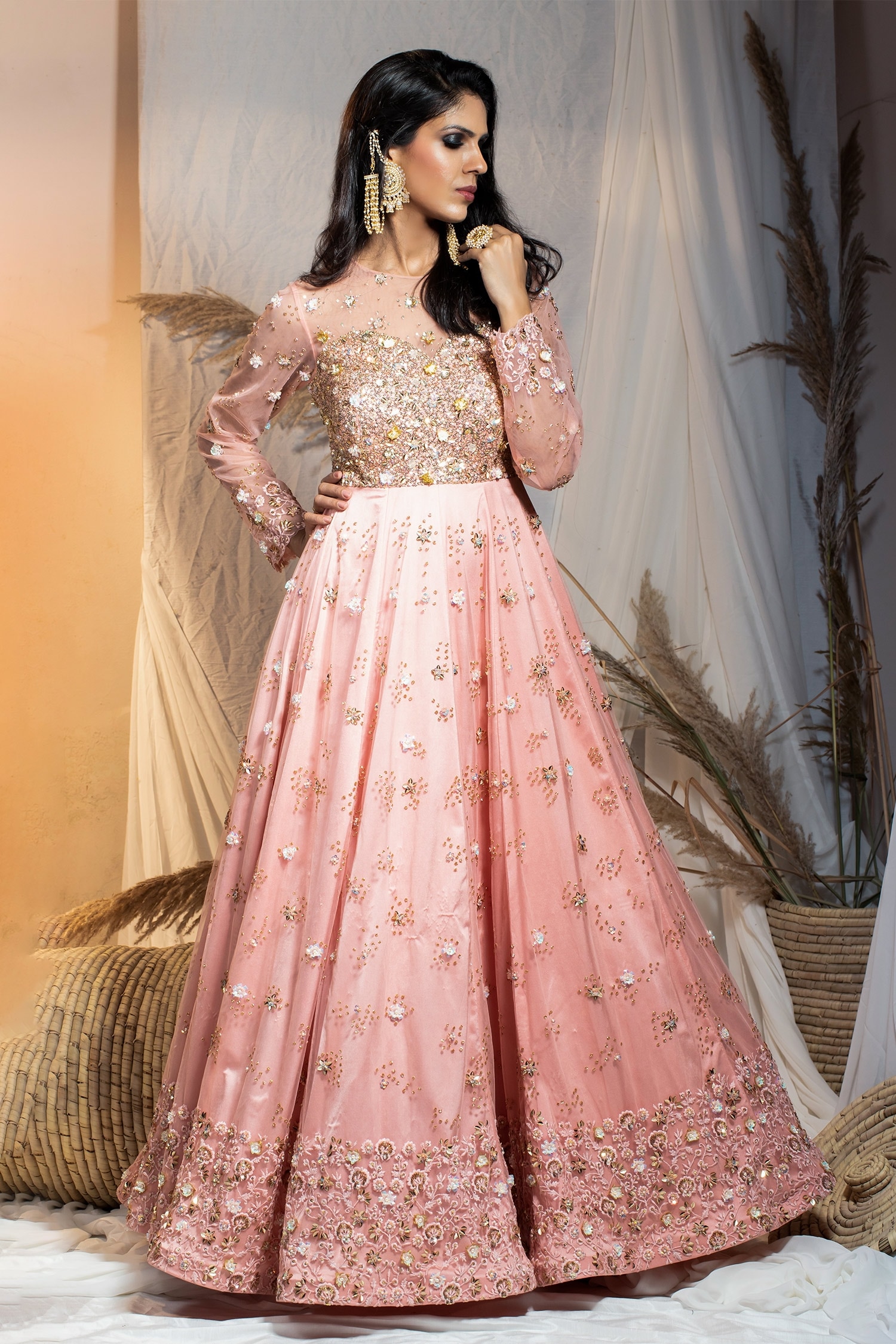 Buy Peach Net Embroidered Sequin Illusion Sweetheart Nigar Flared Gown