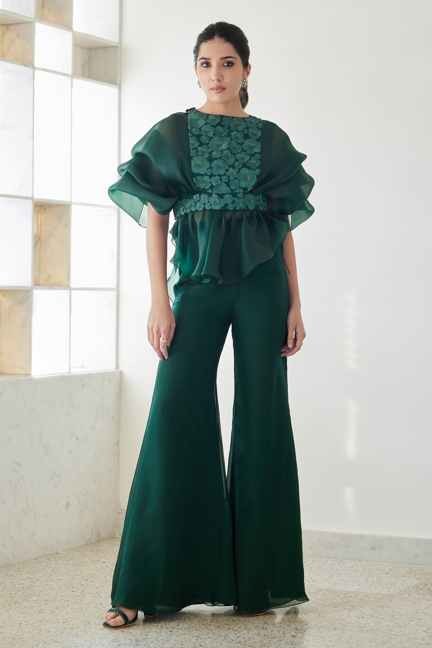 Buy Green Pouf Top And Pant - Organza Embroidered Madison Set With Bib ...