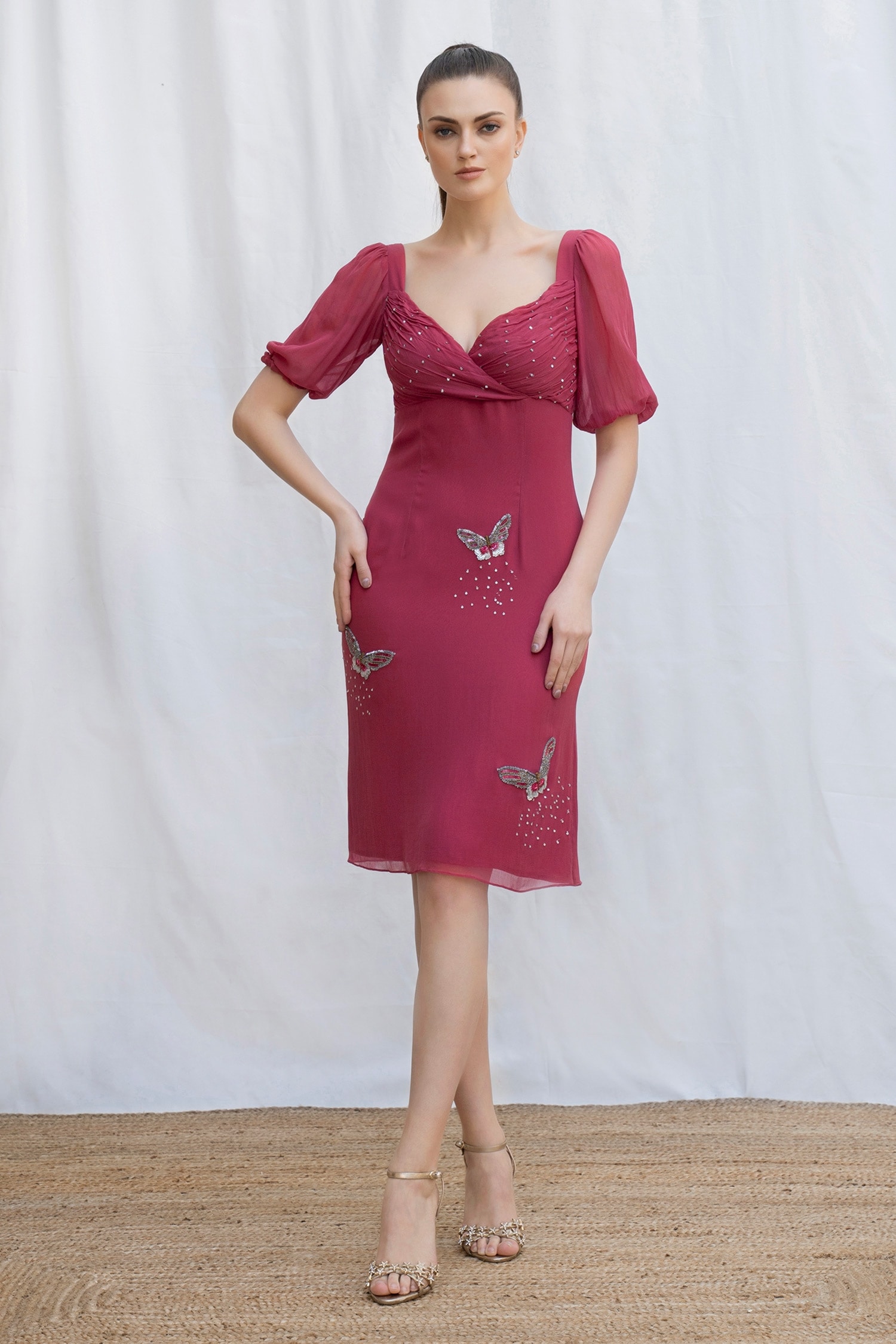Buy Amrta Pink Viscose Shantoon Butterfly Embroidered Midi Dress Online