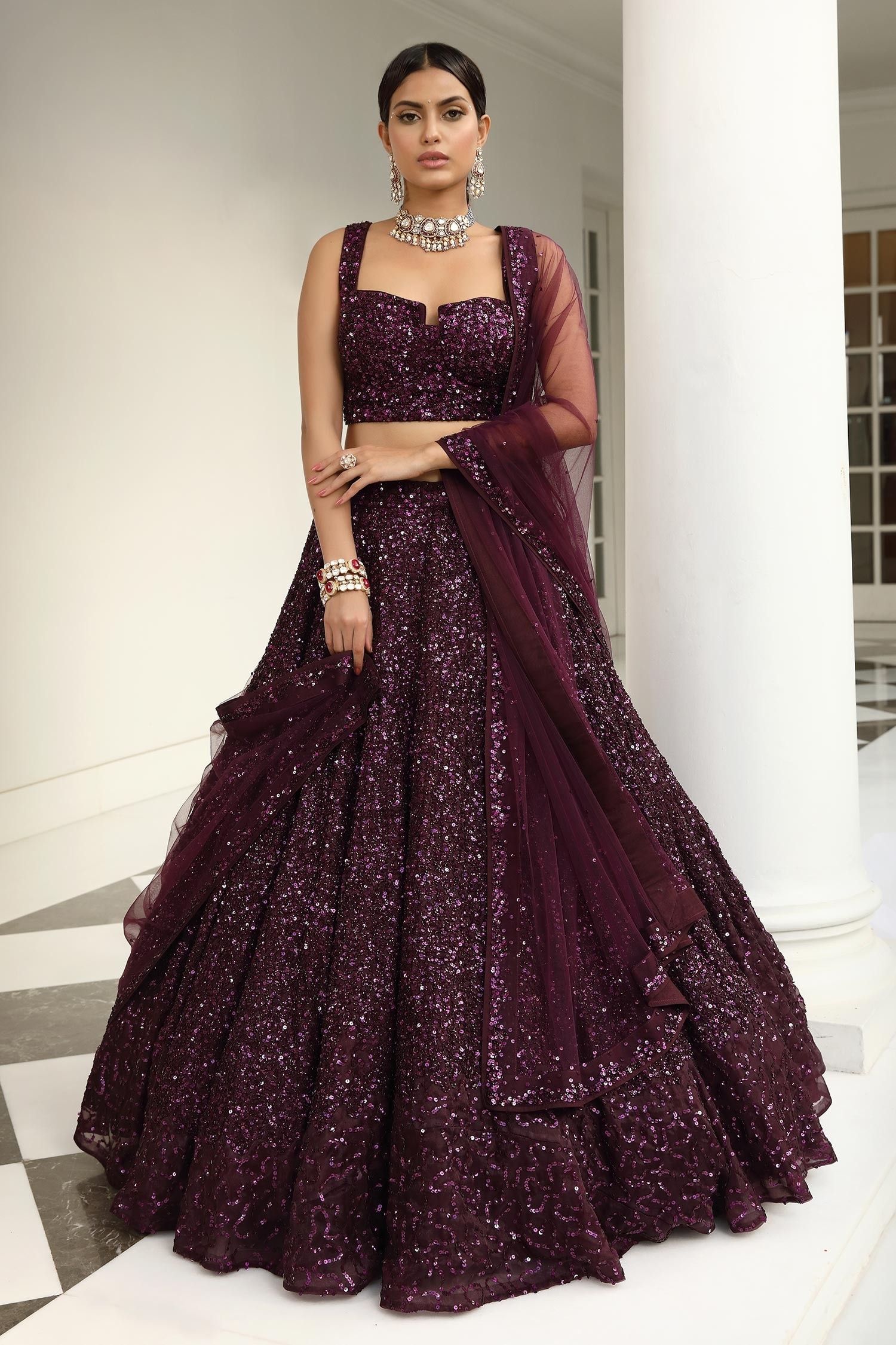 Buy Wine Silk Hand Embroidered Sequin Square Neck All Over Lehenga Set