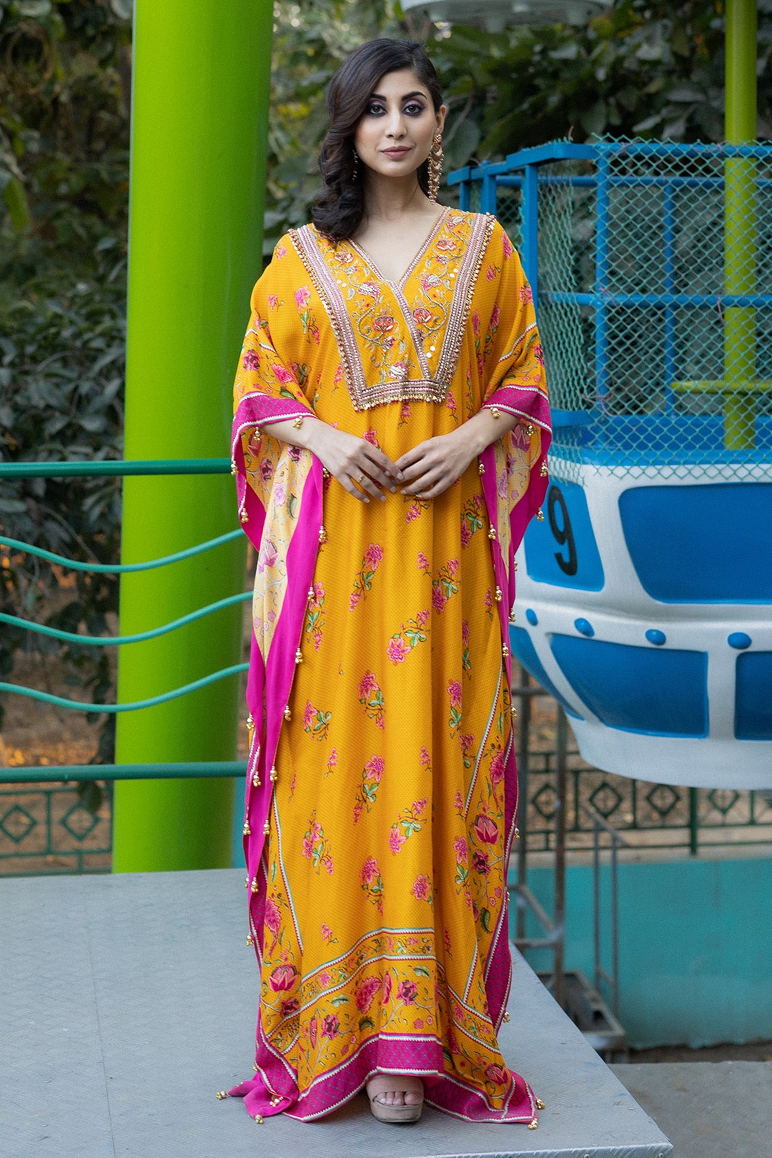 Irrau by Samir Mantri Yellow Dupion Flower Print Kaftan