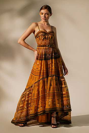Women Yellow Georgette Printed Dress