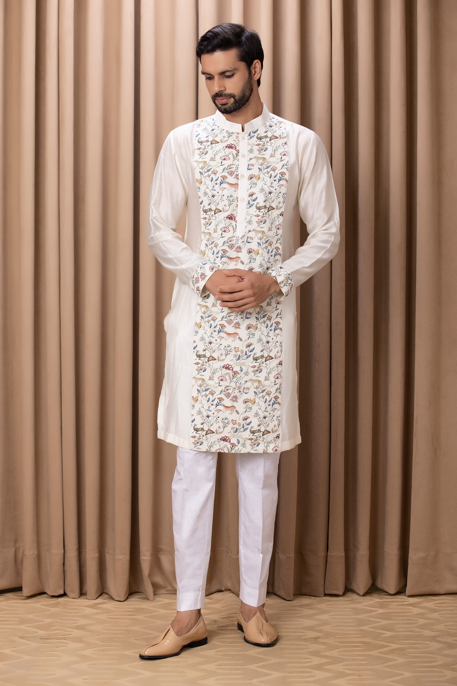 Buy Ivory Cotton And Silk Digital Print Animal Amaani Botanical Straight Kurta Set For Men by ...