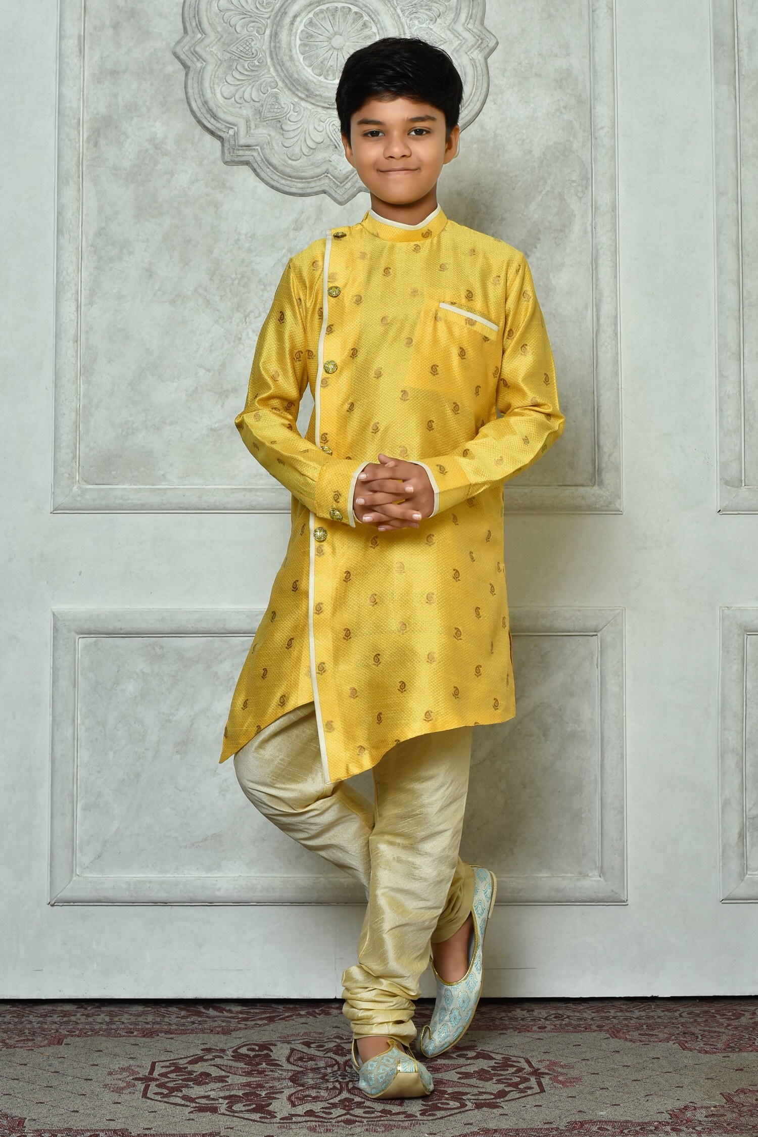 Yellow kurta with white pants set – Lagorii Kids