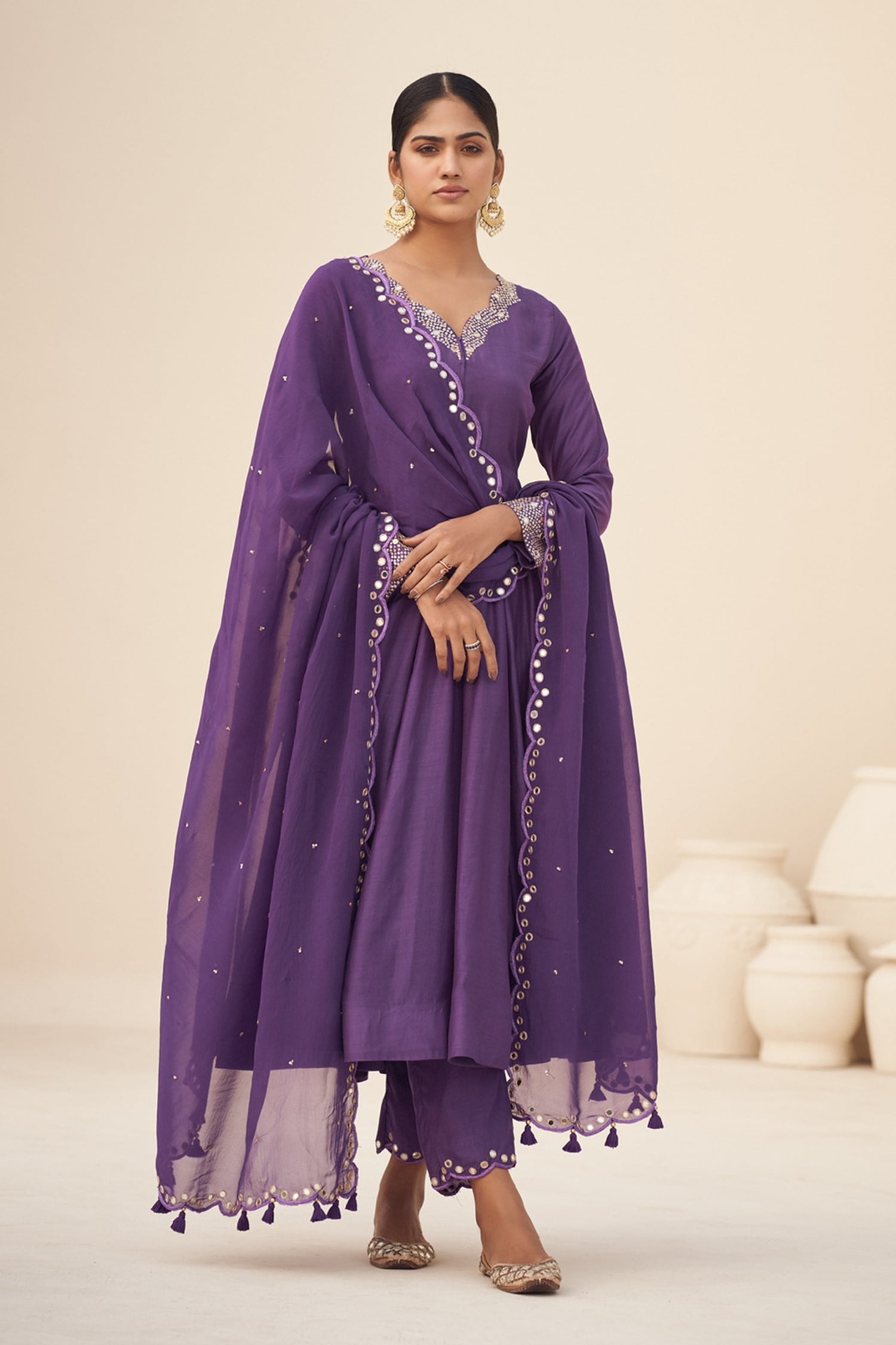 Hirika&Dhruti Purple Kurta And Pant: Cotton Silk Embroidery Mirror Hand Anarkali Set For Women
