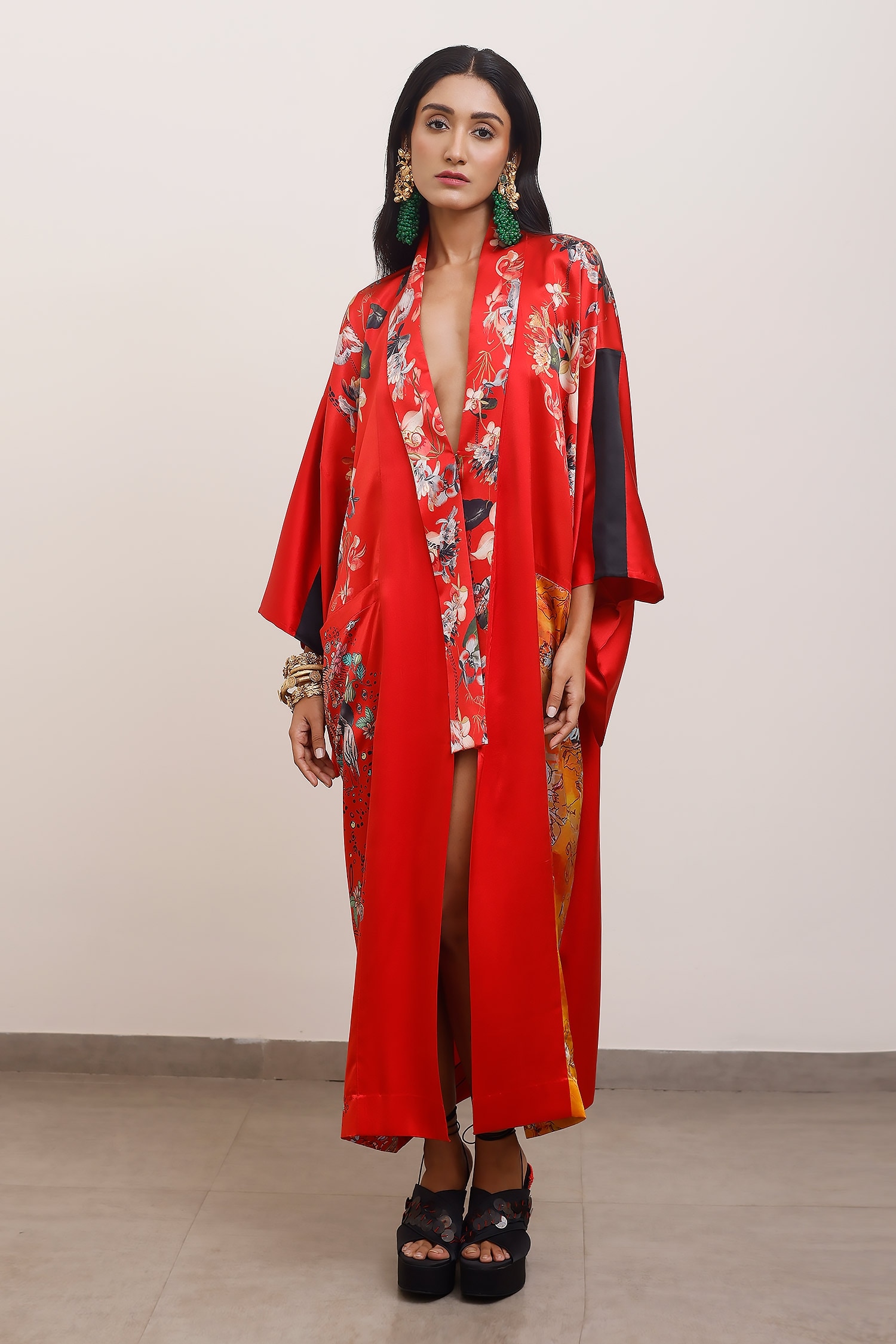 Buy Red Silk Print Floral Deep V Neck Kimono Dress For Women by AKOK