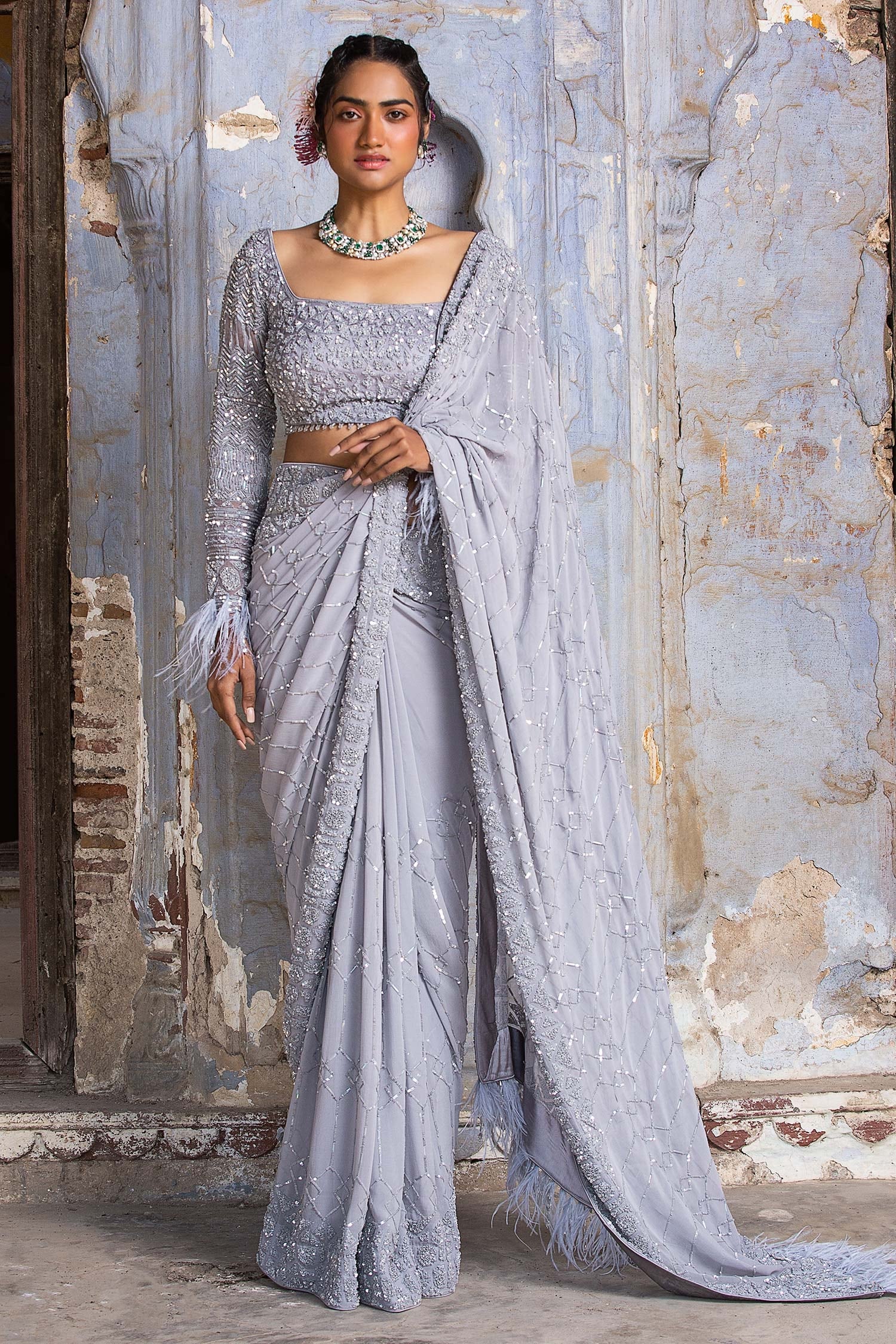 Nitika Gujral - Grey Saree Pure Georgette And Blouse Art Organza & Crystal  Work With For Women