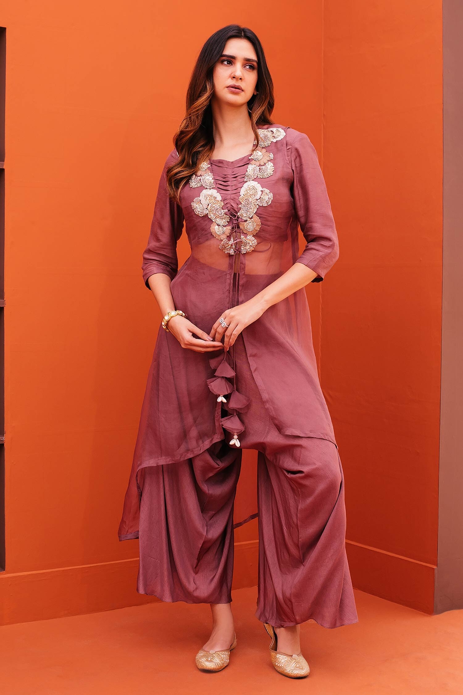 Buy Purple Silk Embroidery Sunflower Motifs Crop Jacket Harem Pant Set