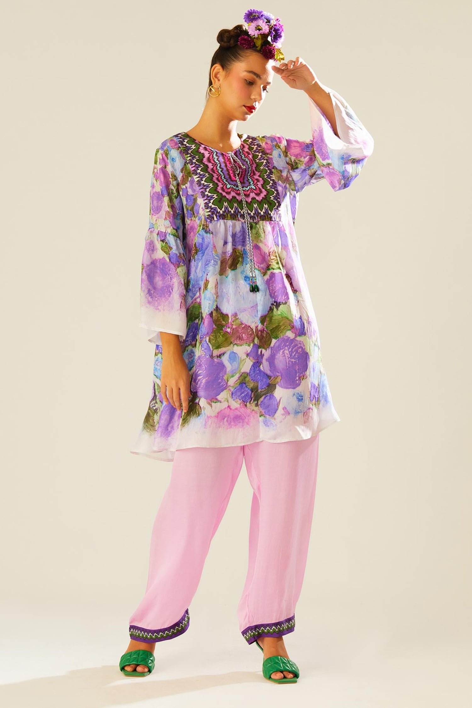 Buy Purple Silk Printed Flower Keyhole Pankti Floral Top For Women by ...