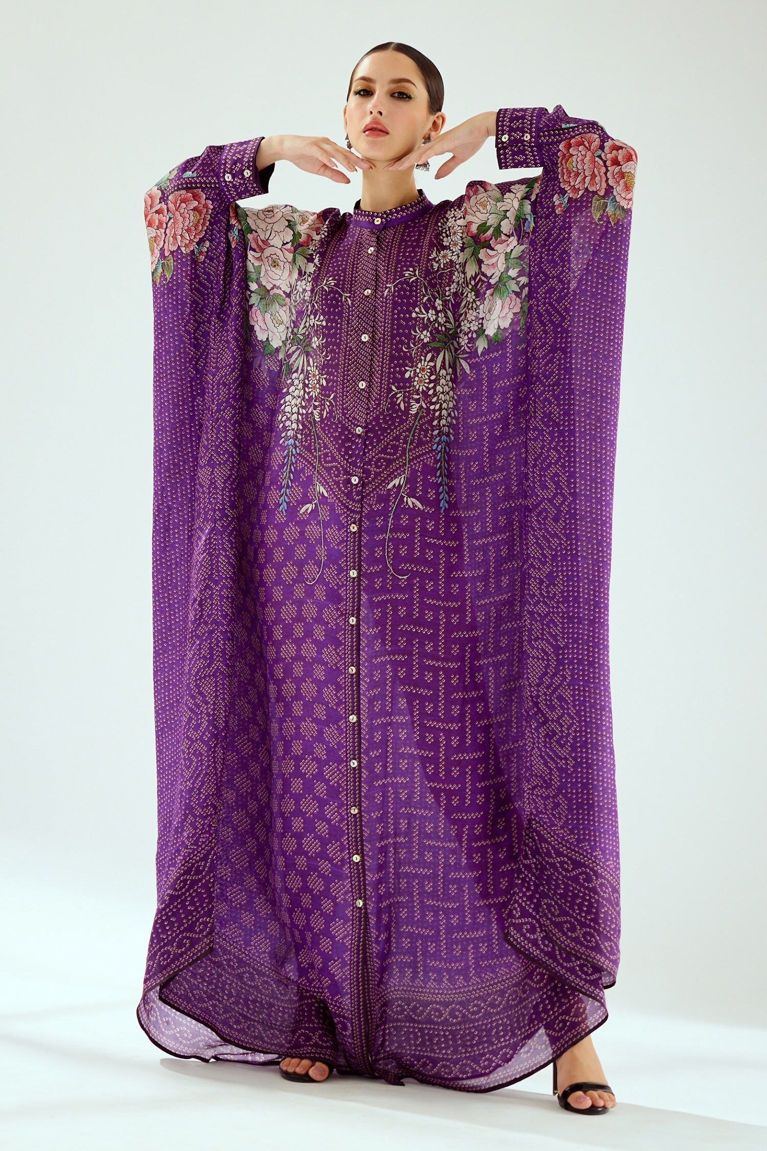 Buy Purple Silk Geometric Band Collar Dakota Floral Pattern Kaftan For