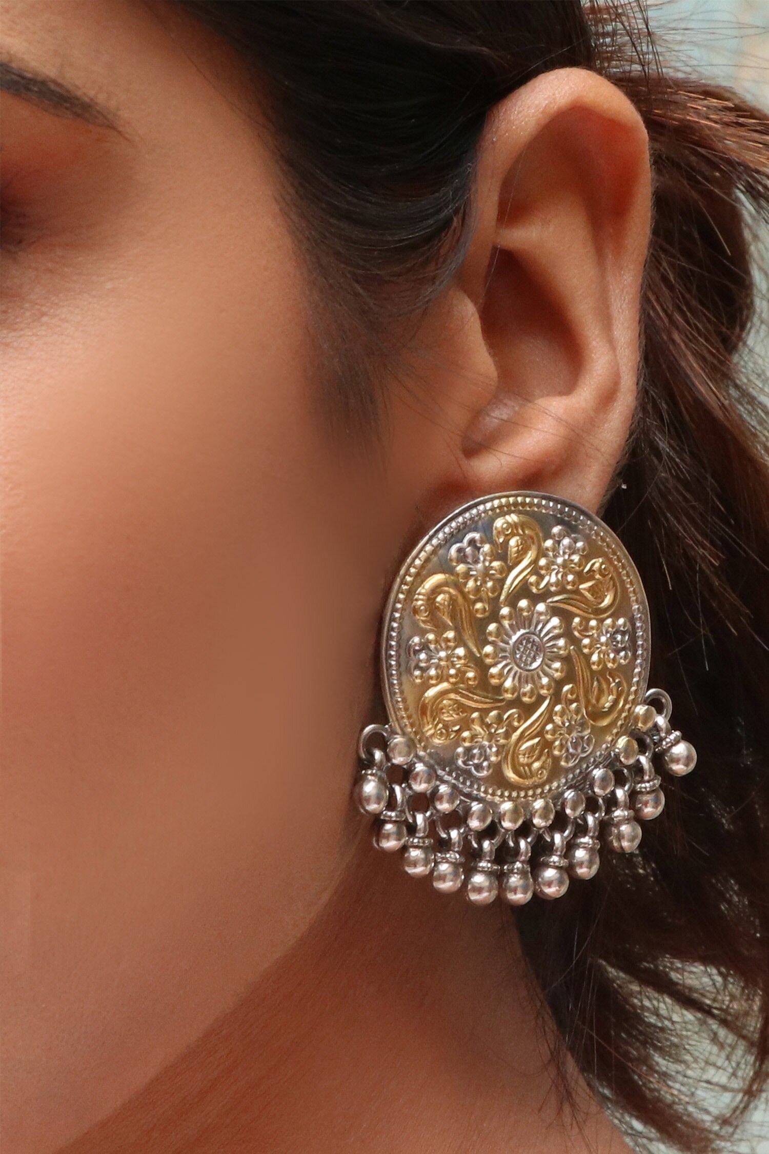 Buy Noor Dual Tone Floral Carved Danglers And Drops Online | Aza Fashions