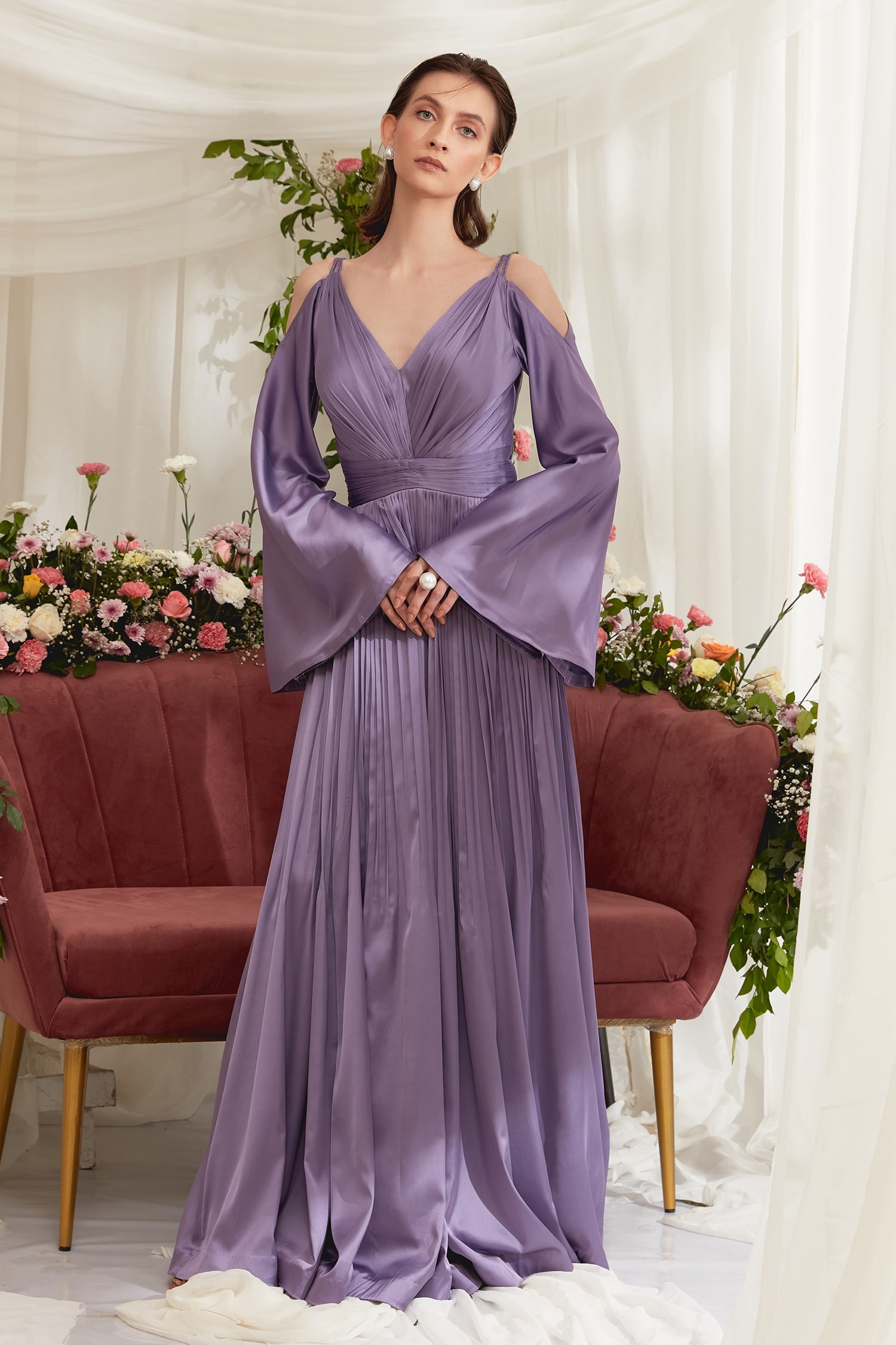 Buy Purple Heavy Cotton Satin Lapel Flared Coat Dress With Mask For Women  by XOXO Apurva Online at Aza Fashions.
