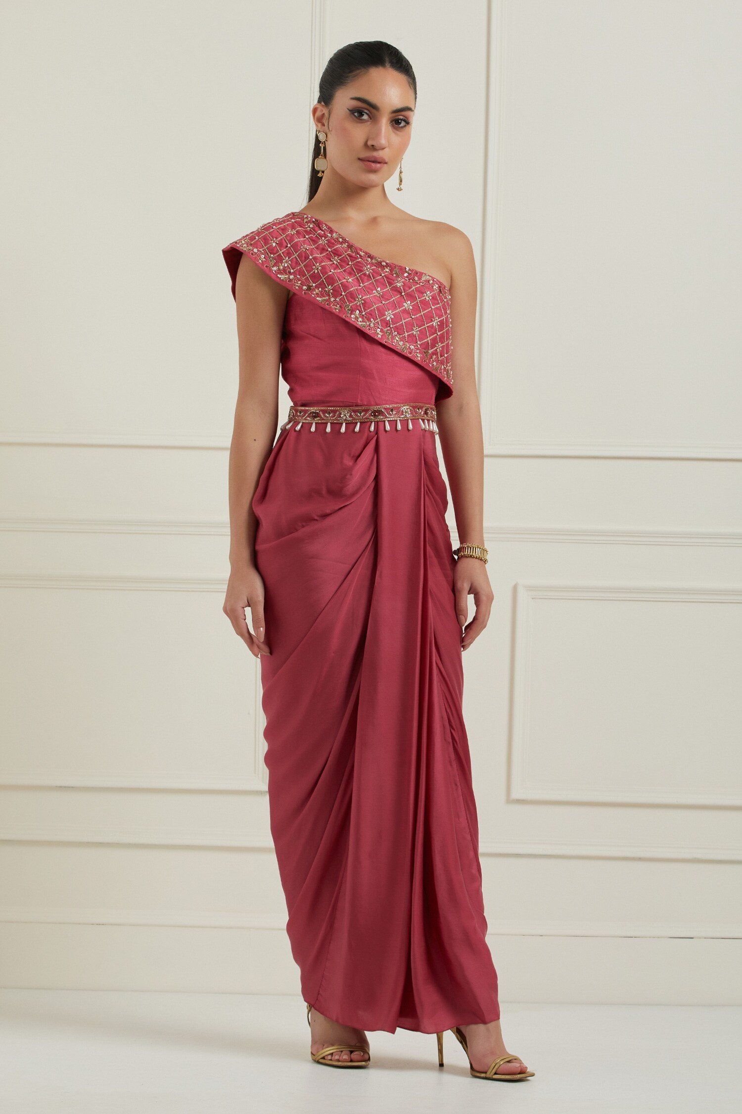 Label Nitisha Pink Satin Embroidered Sequins One Shoulder Draped Saree Gown For Women