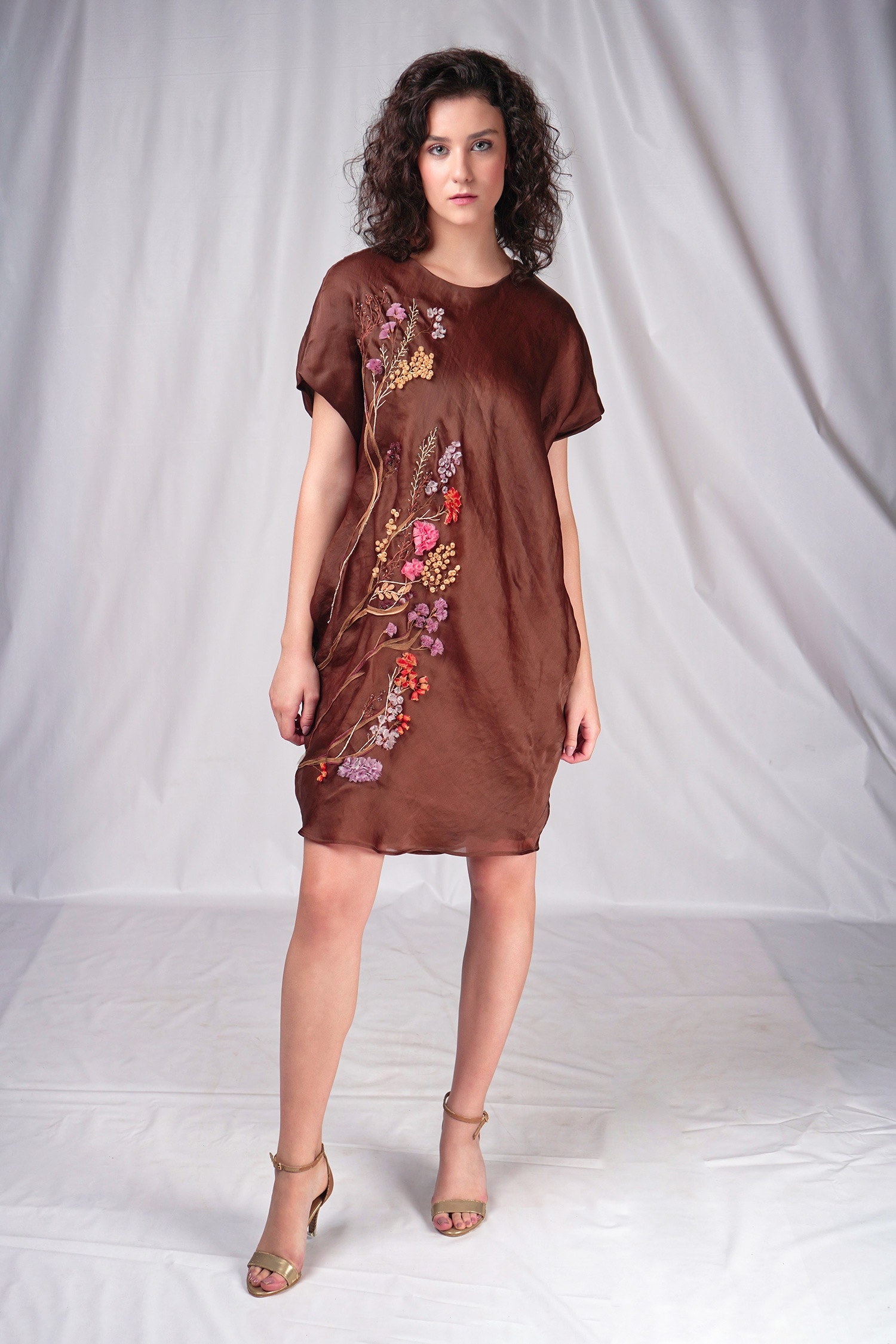 Buy Brown Satin Organza Silk Embroidery Flower Round Applique Dress For