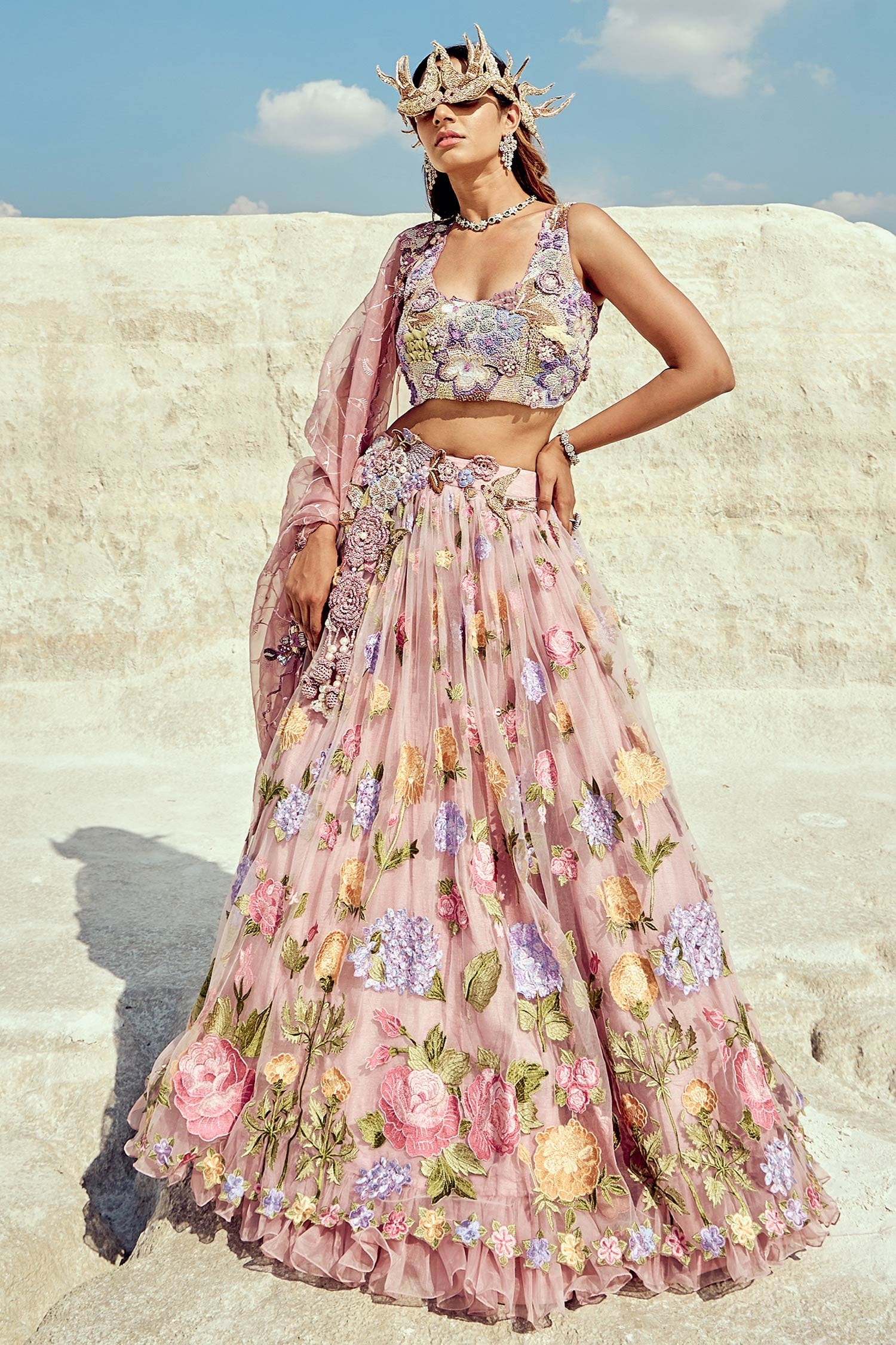 Buy Purple Jacquard Embroidery Flower U Neck Zardozi Lehenga Set For 