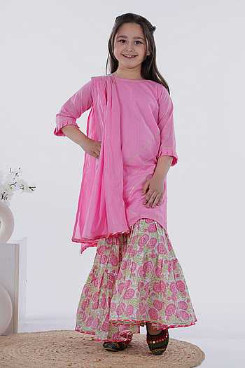 Campana Girls Uma Flared Kurta Sharara Set - Flowers & Stripes - Turquoise & Pink