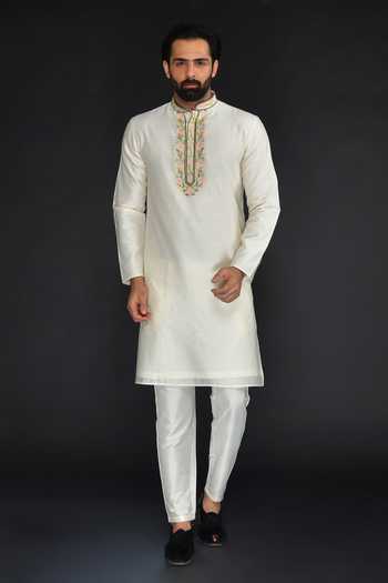 White Greek Satin Heavy Embroidered Ethnic Ceremonial Kurta Pajama main image 1
