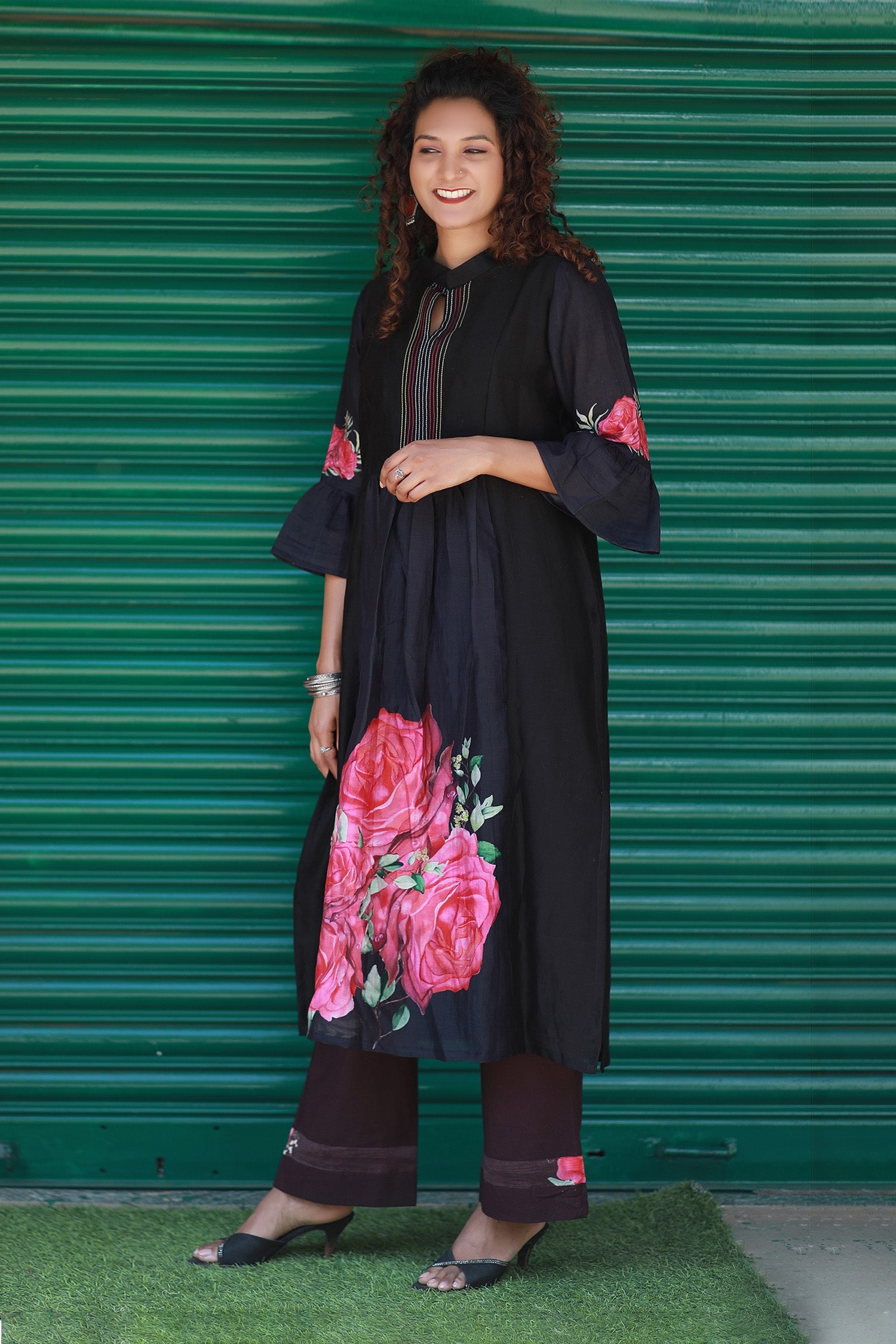 Buy Black Chanderi Silk Print Rose Bloom Stand Collar Kurta With Pant