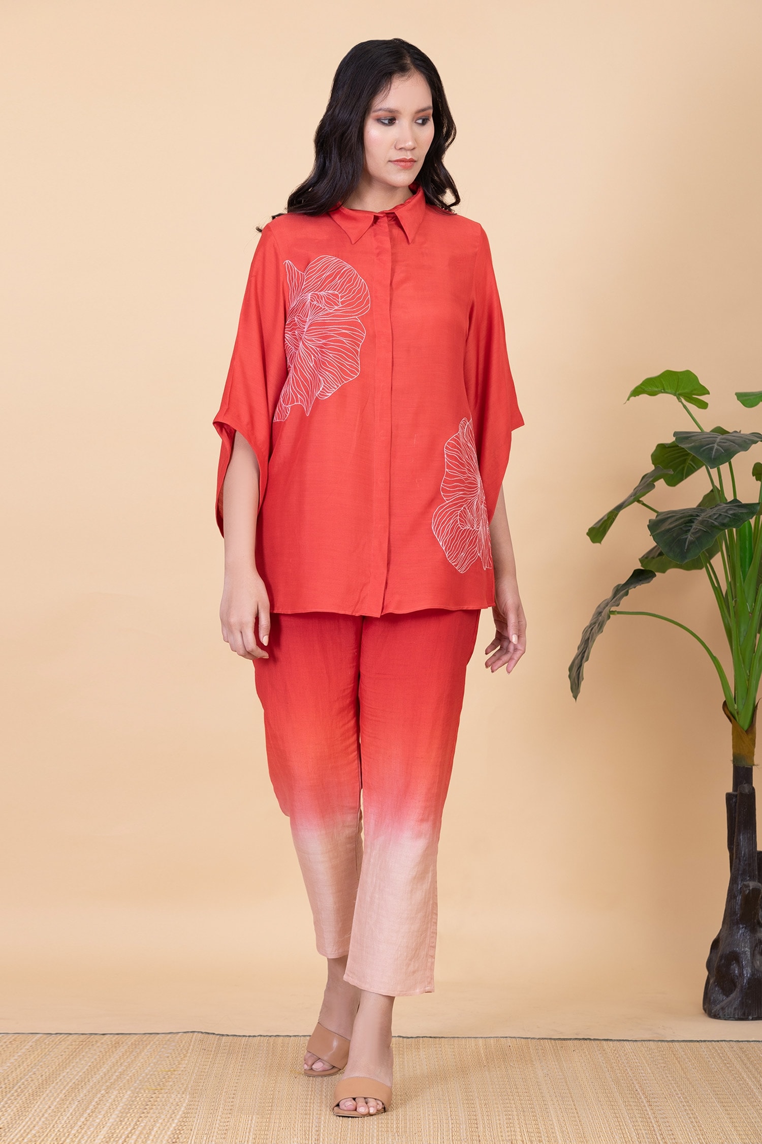 Buy Coral All Weather Pure Silk Embroidery Flower Klara Shirt And Pant