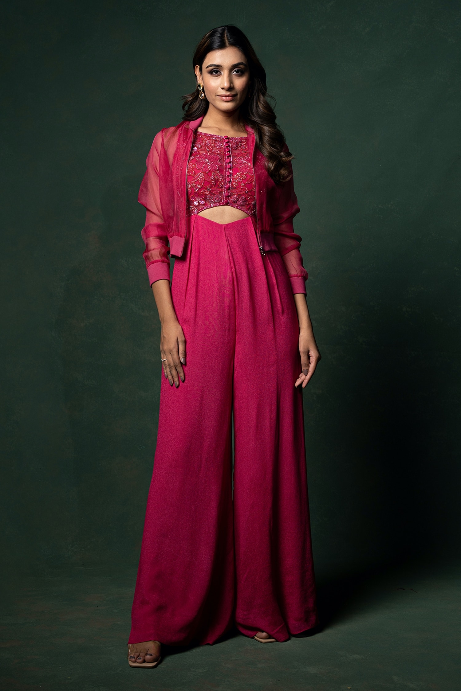 Buy Pink Viscose Georgette Embroidered Gota Patti V Falak Flowy Jumpsuit  For Women by Kefi Collections Online at Aza Fashions.