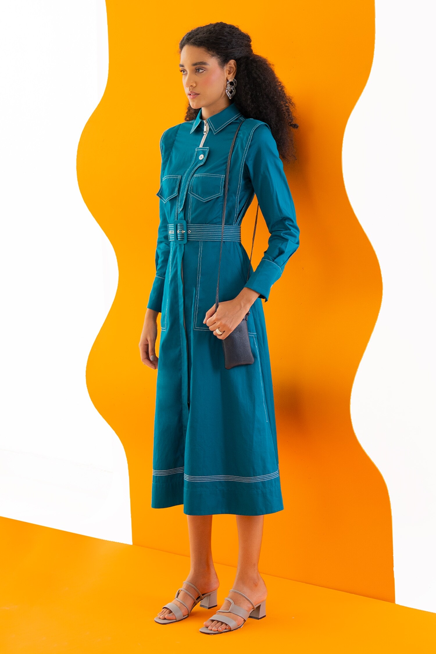 Buy Blue Cotton Poplin Plain Shirt Collar Utility Dress For Women by Notebook Online at