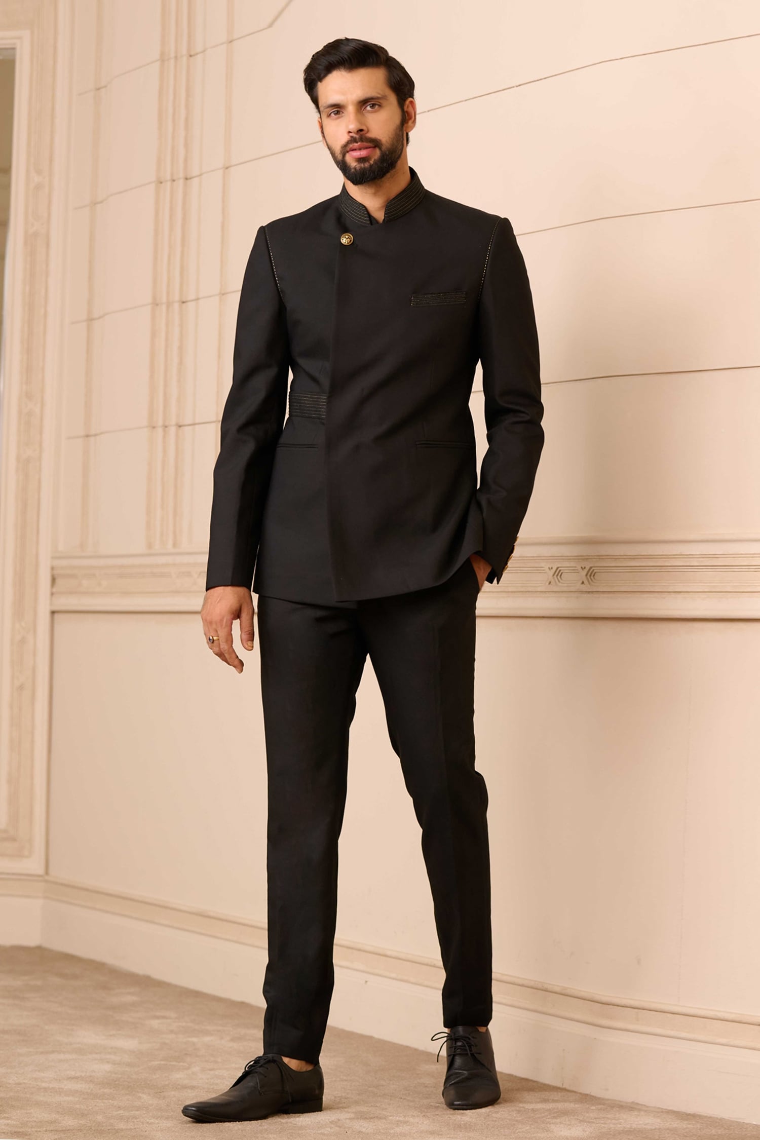Classic dark grey bandhgala suit  Bonsoir