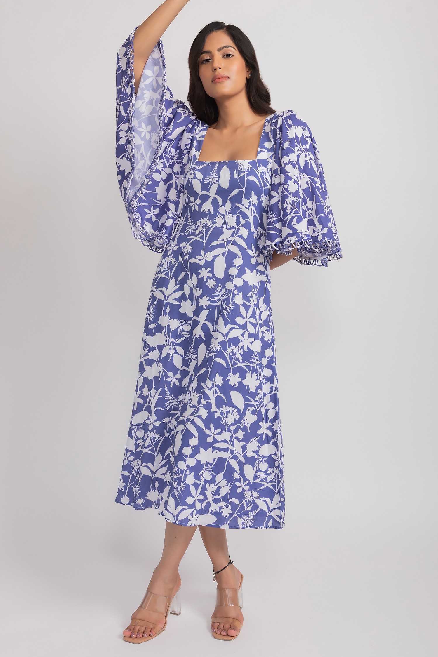 Aroop Shop India Blue Vegan Silk Printed Floral Square Neck Tulla Flared Sleeve Dress For Women