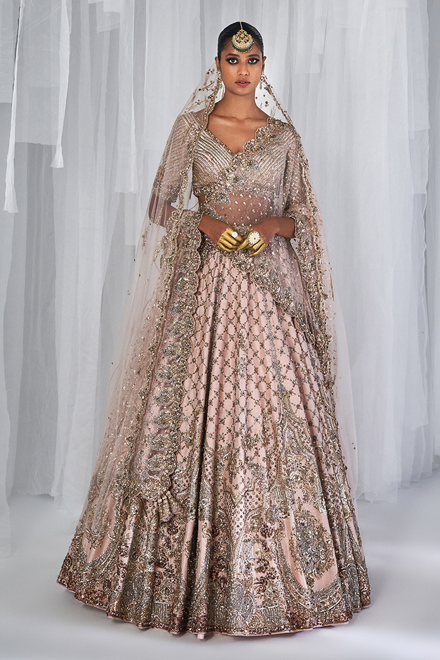 Buy Annus Creation Peach Net Cut Dana Embroidered Anarkali Lehenga Set  Online | Aza Fashions