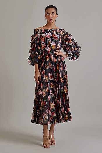 Buy Black Chiffon Floral Venus Botanical Frilly Accent Sleeve Dress For buy-black-chiffon-floral-venus-botanical-frilly-accent-sleeve-dress-for
