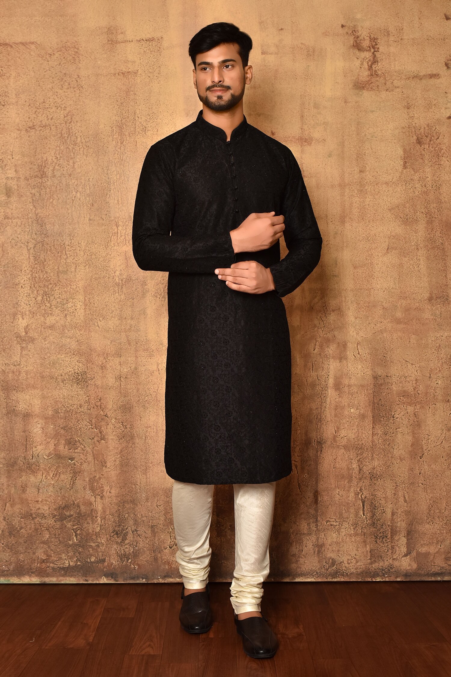 Buy Black Art Silk Hand Work Floral Pattern Straight Kurta Set For Men By Arihant Rai Sinha