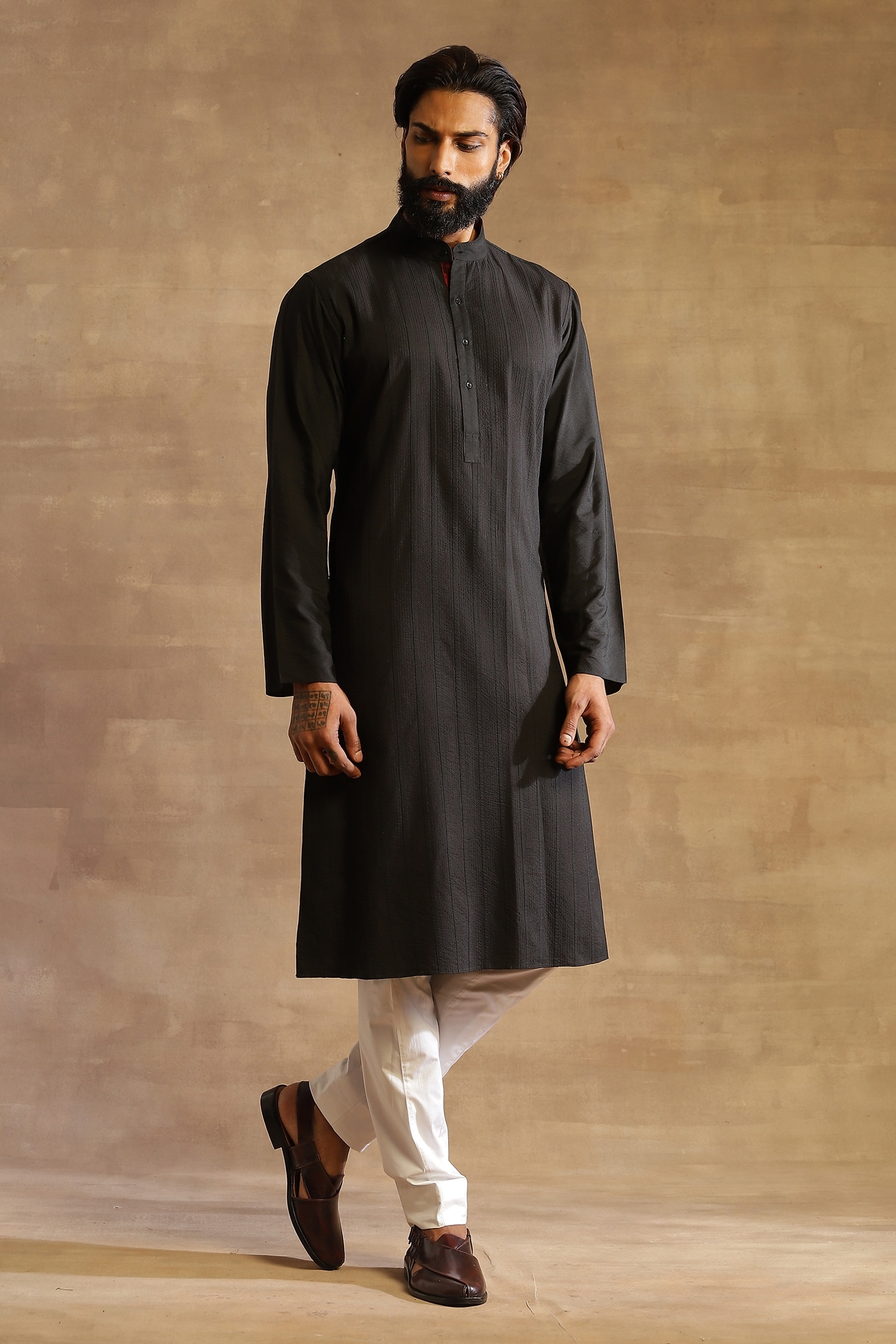 Buy Black Silk Embroidered Stitch Line Textured Long Kurta For Men by ...