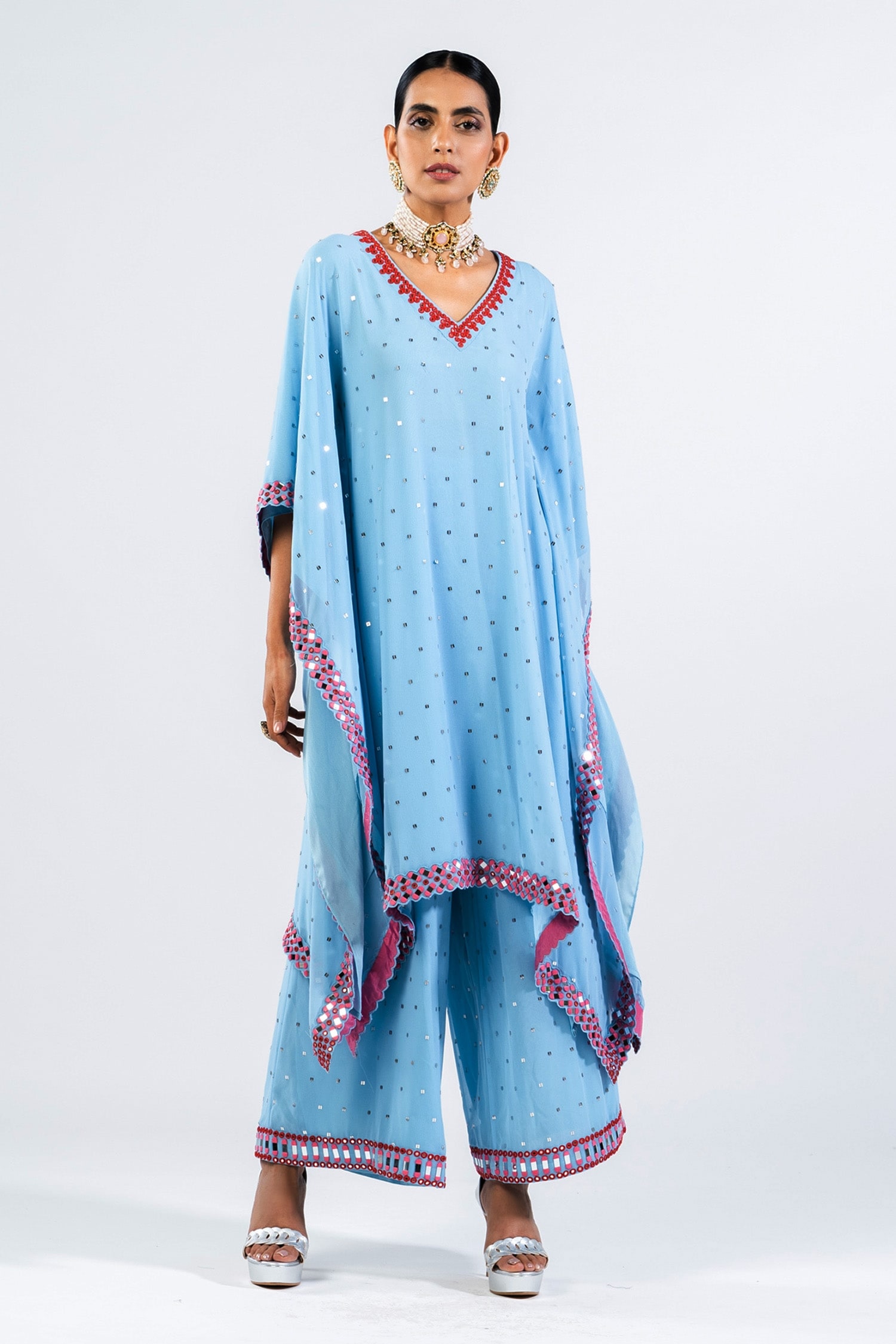 Buy Vvani by Vani Vats Blue Georgette Embroidered Kaftan And Palazzo ...