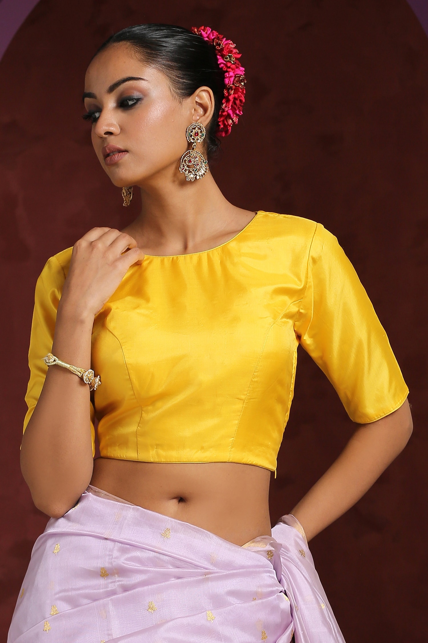 Buy Yellow Pure Silk Round Plain Saree Blouse For Women by Weaver Story