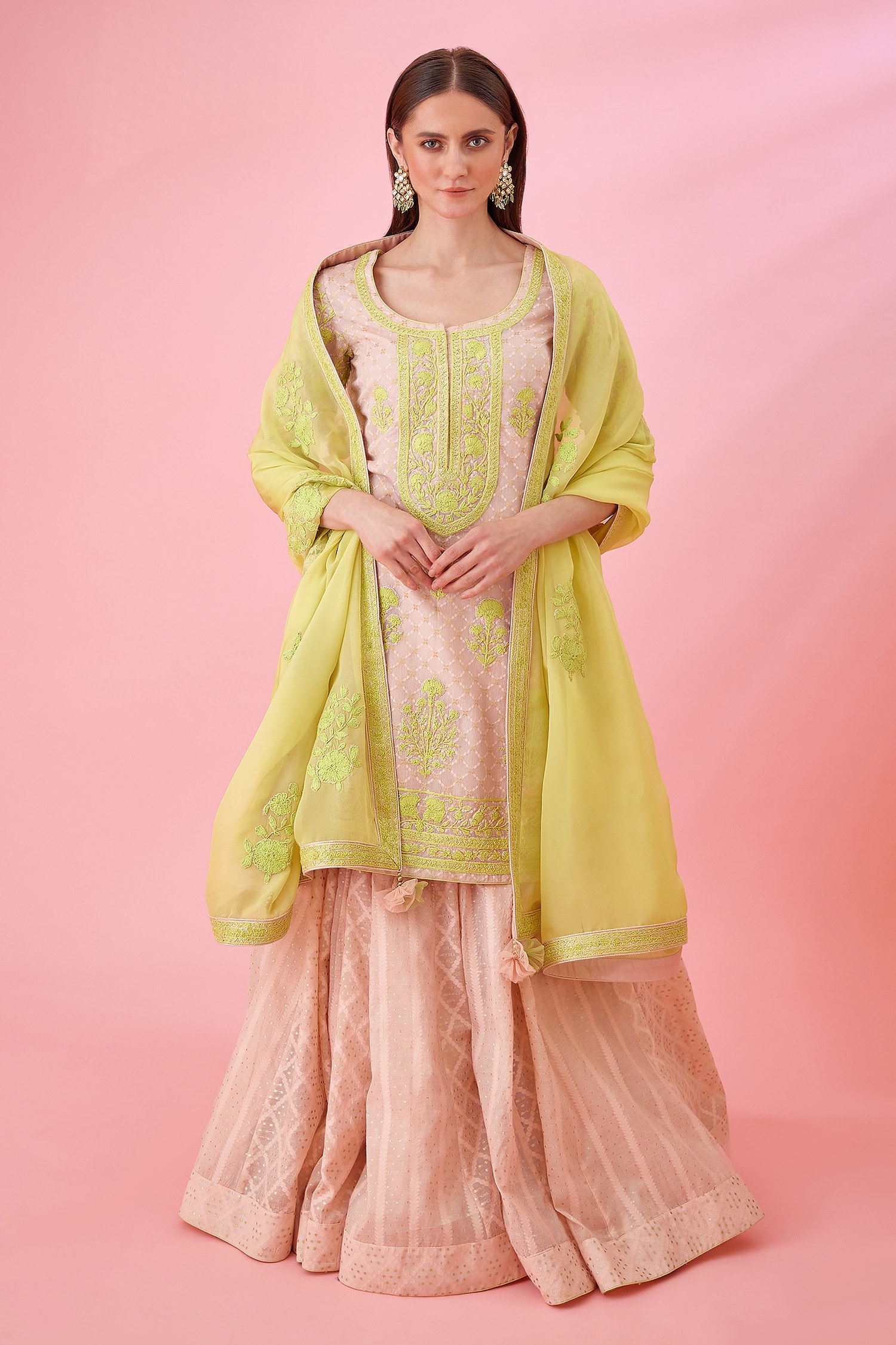 Shyam Narayan Prasad Green Modal Satin Floral Patchwork Kurta Lehenga Set