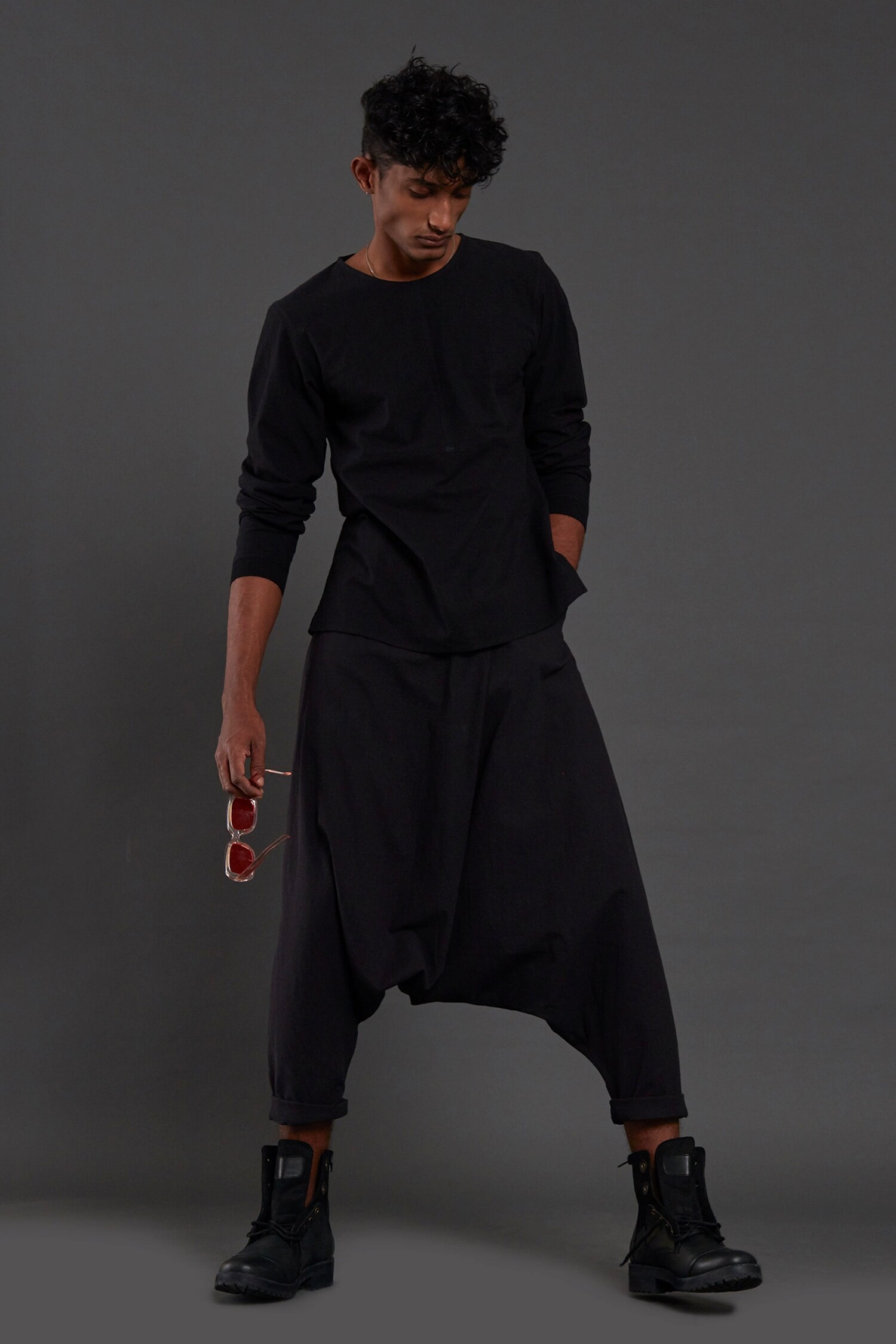 Buy Black 100% Cotton Plain Drop Crotch Pant For Men by Mati Online at ...