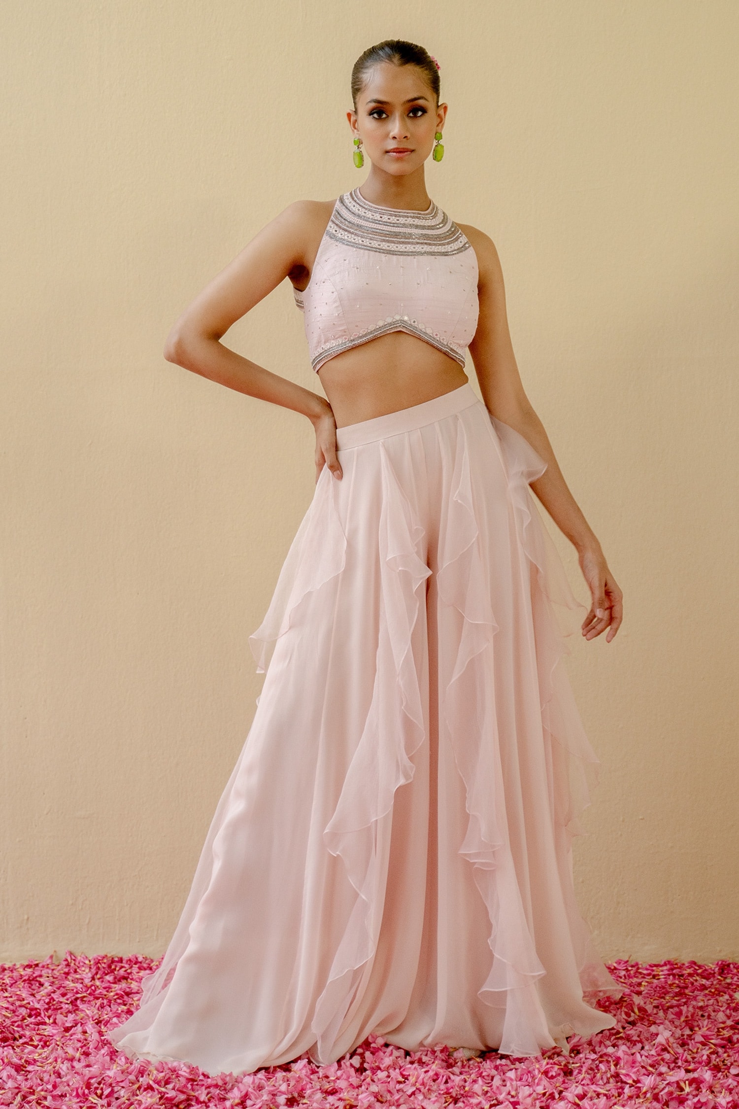 Buy Pink Crop Top Raw Silk Embroidered Neck With Ruffled Kalidar Pant For  Women by Mint blush Online at Aza Fashions.