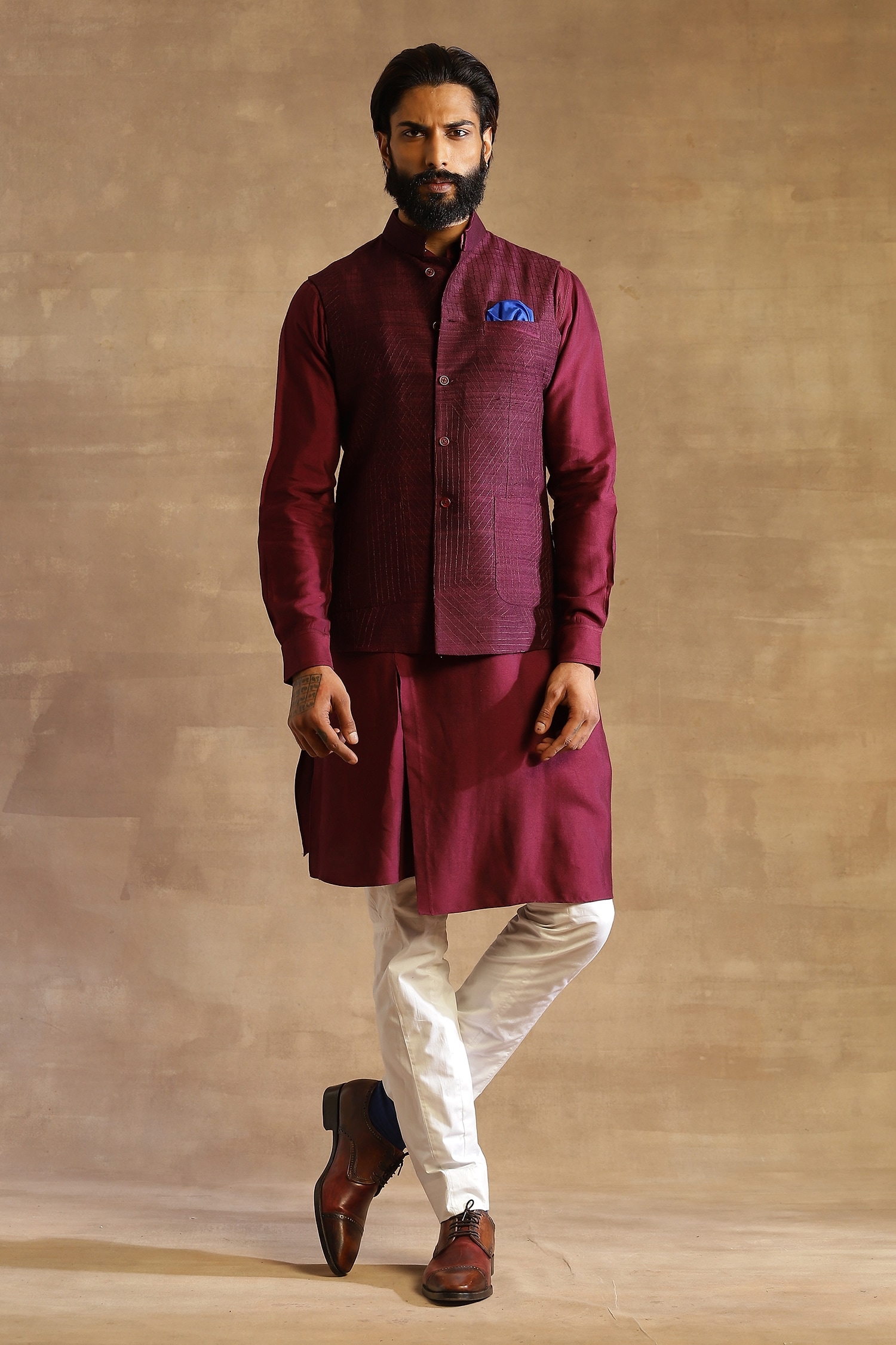 Buy Purple Raw Silk Embellished Tonal Geometric Pattern Waistcoat For Men By Raghavendra Rathore