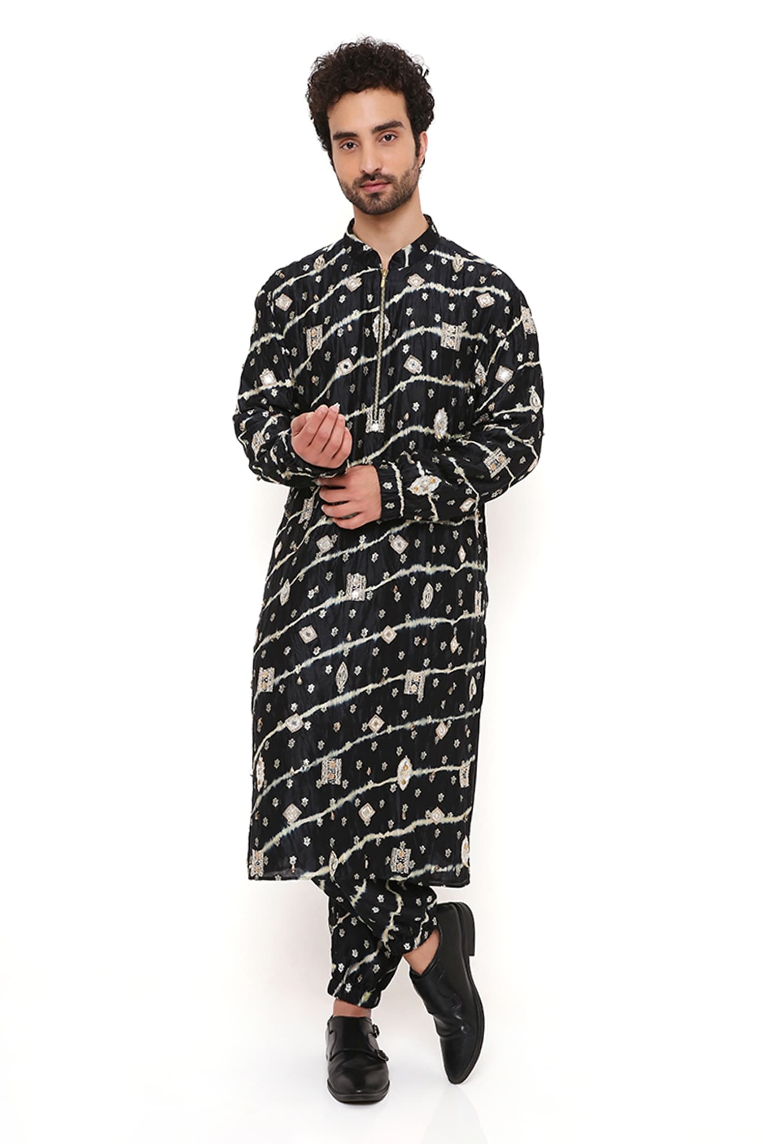 Buy Black Bandhani Silk Embroidered Floral Kurta And Joggers Set For 