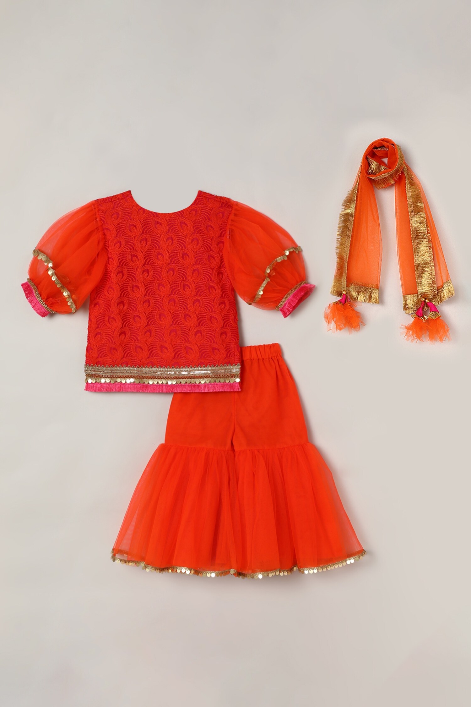 Buy Byb Premium Orange Embroidered Puff Sleeve Kurta Sharara Set For Girls Online Aza Fashions